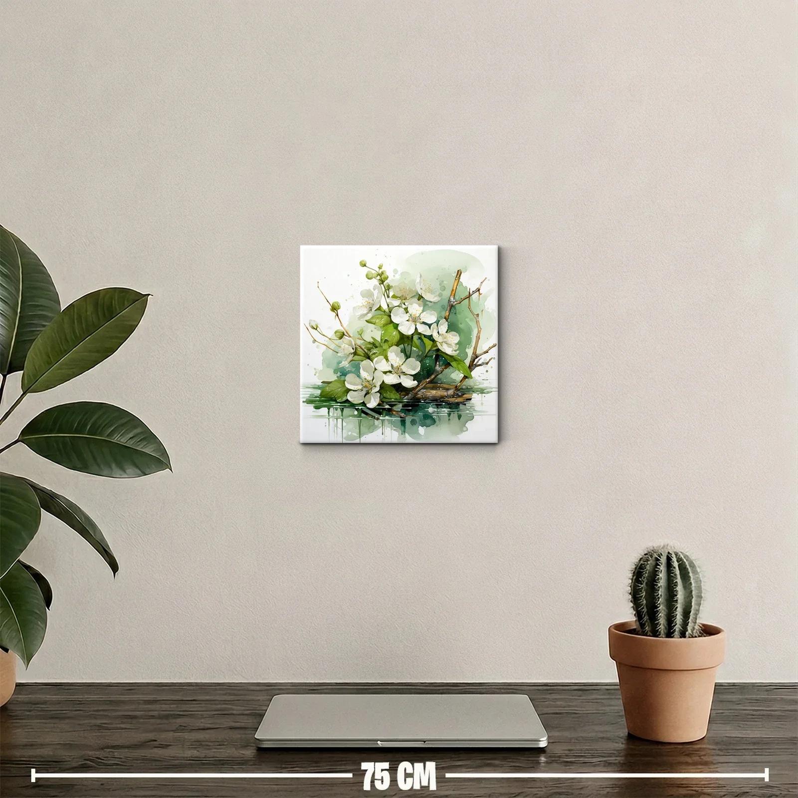 Cuadro decorativo con ramo de flores blancas y hojas verdes — miniatura 2