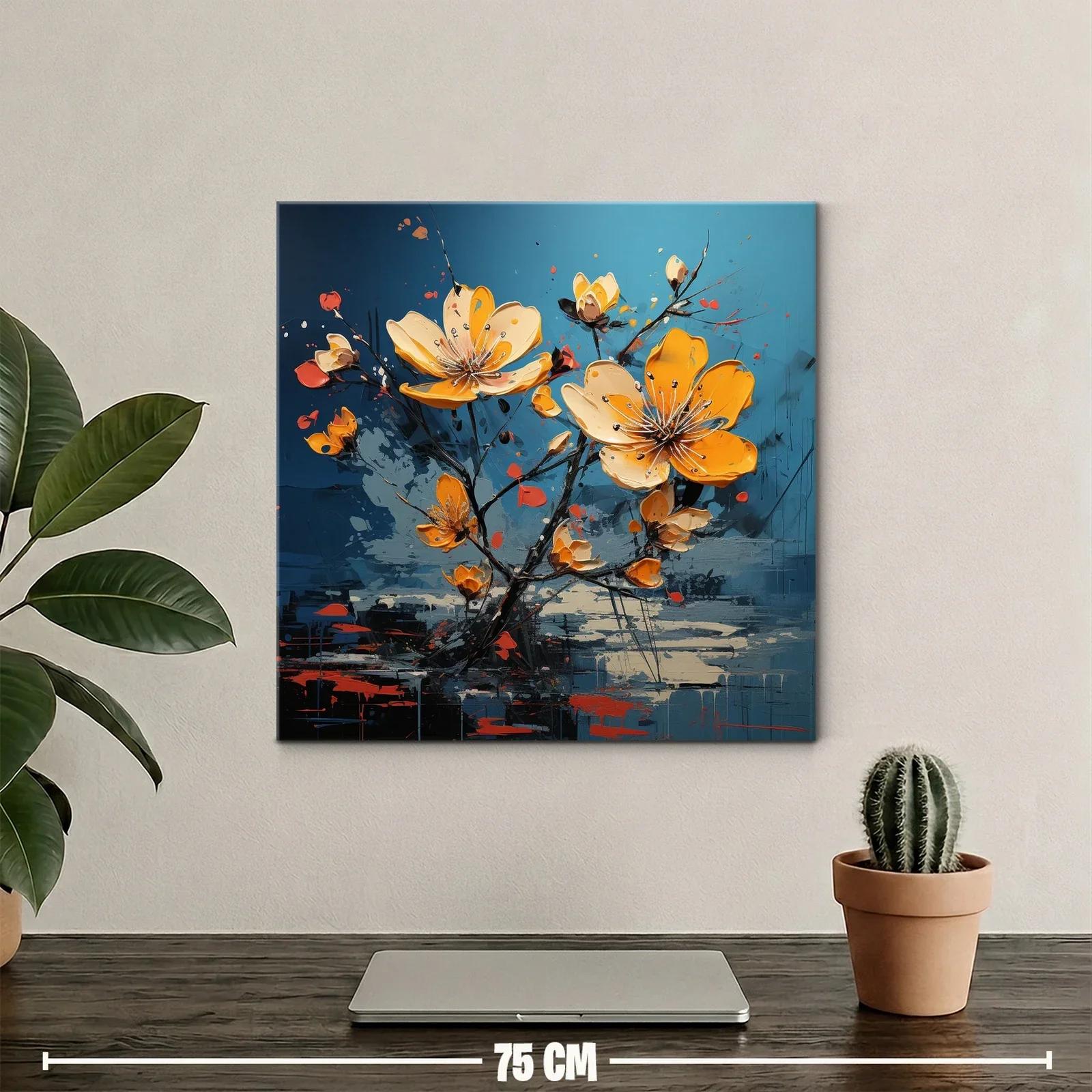 Cuadro floral en vibrantes tonos amarillos y fondo azul — miniatura 2