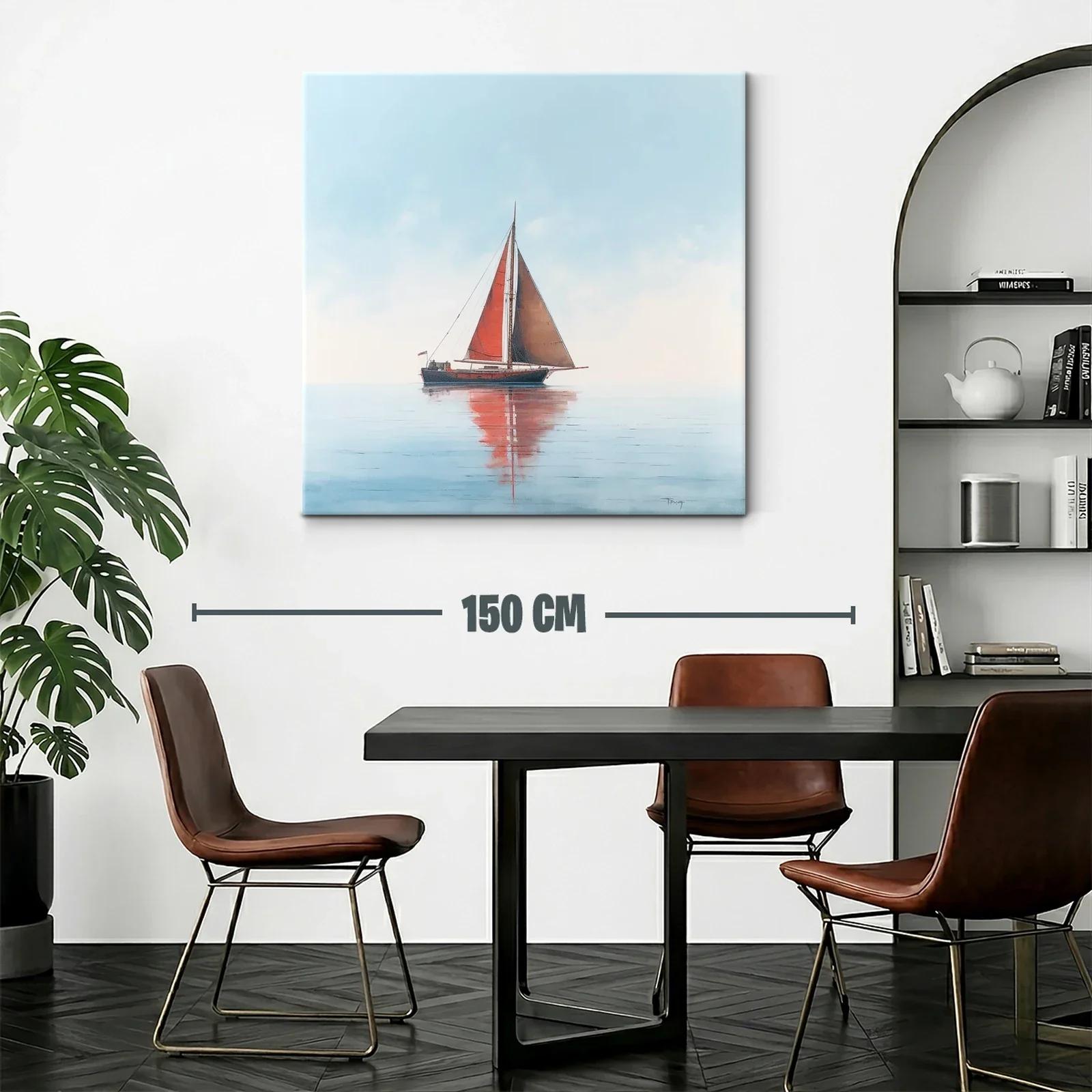 Velero con vela roja en mar tranquilo y cielo claro — miniatura 2