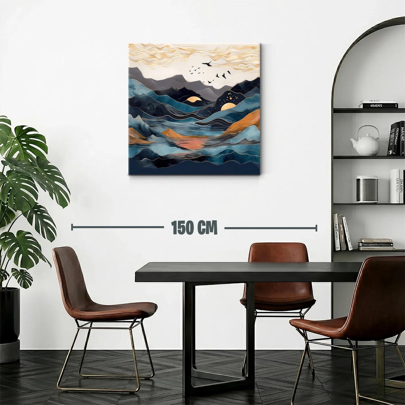 Paisaje abstracto con montañas y aves en tonos azules y dorados — miniatura 2