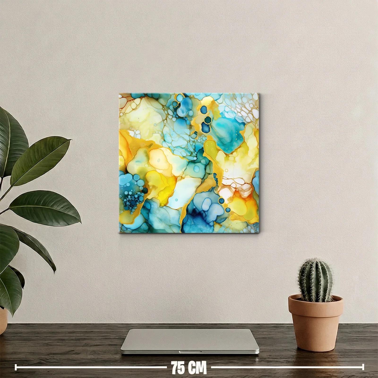 Cuadro abstracto con tonos azules y ocres vibrantes — miniatura 2