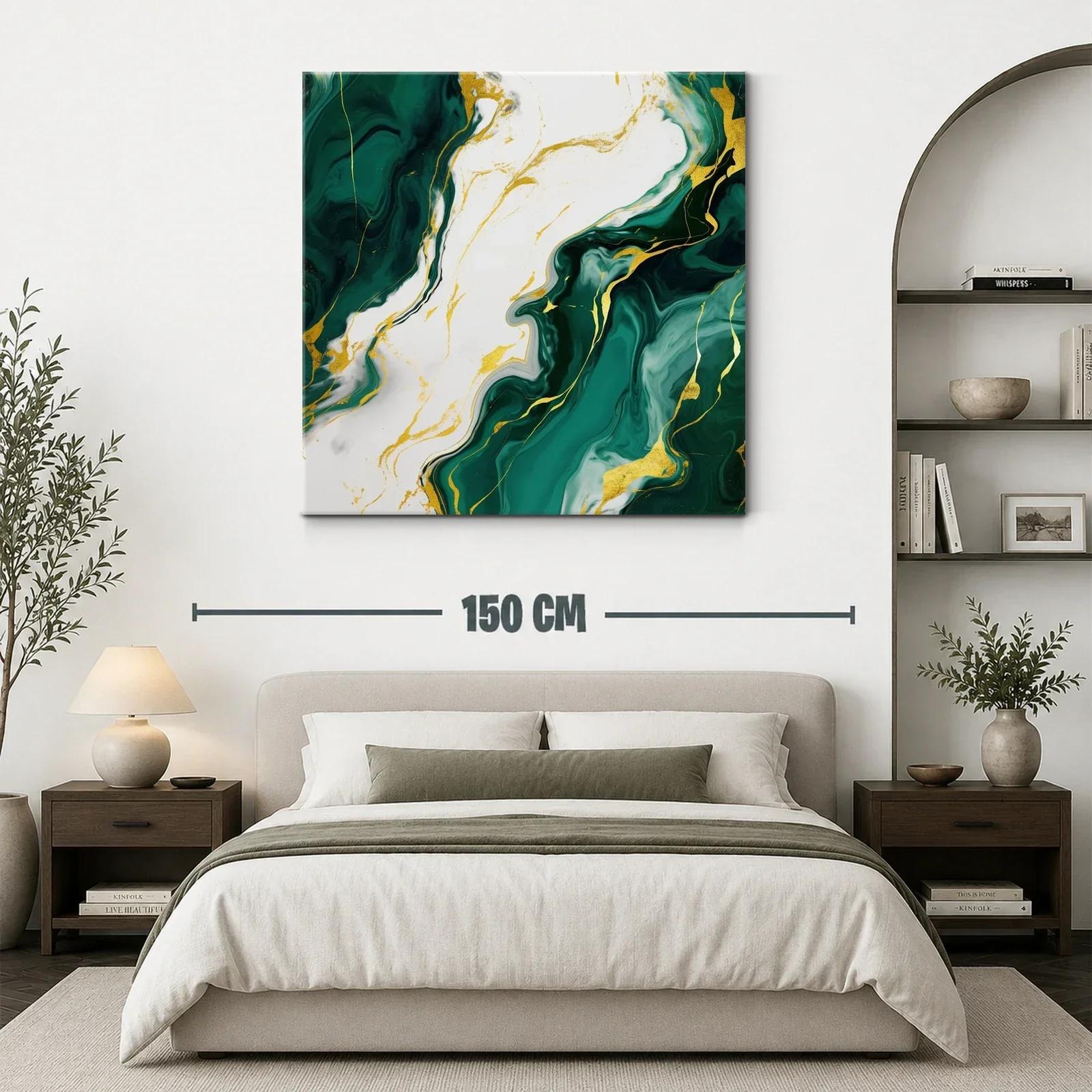 Cuadro abstracto con tonos verdes y detalles dorados — miniatura 3