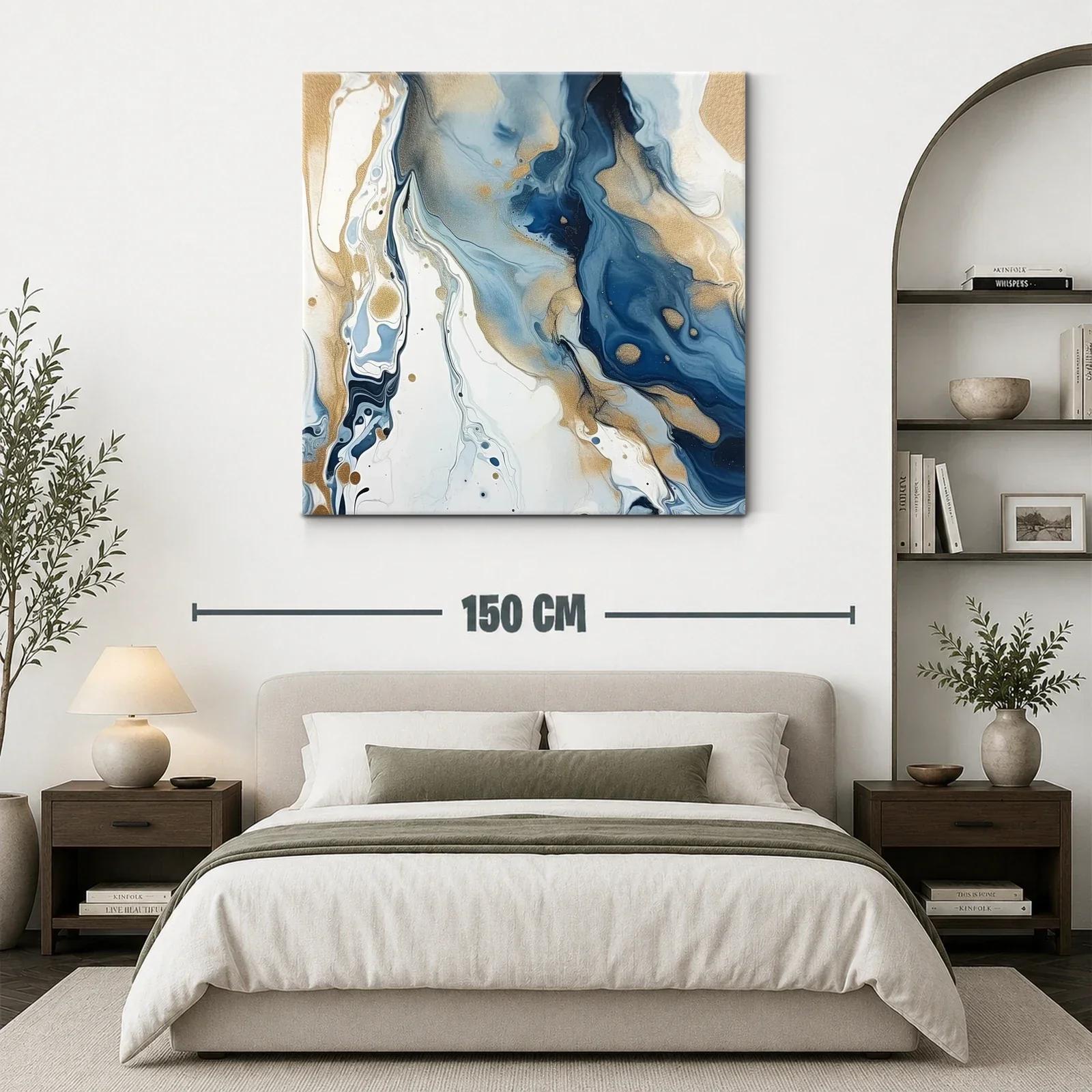 Cuadro abstracto en tonos azules y dorados fluidos — miniatura 3