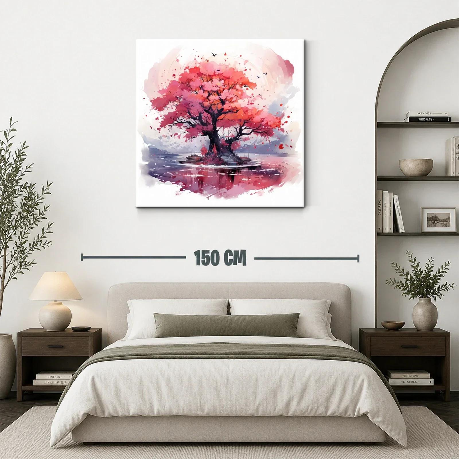 Árbol en tonos rosas y rojos sobre lago sereno — miniatura 3