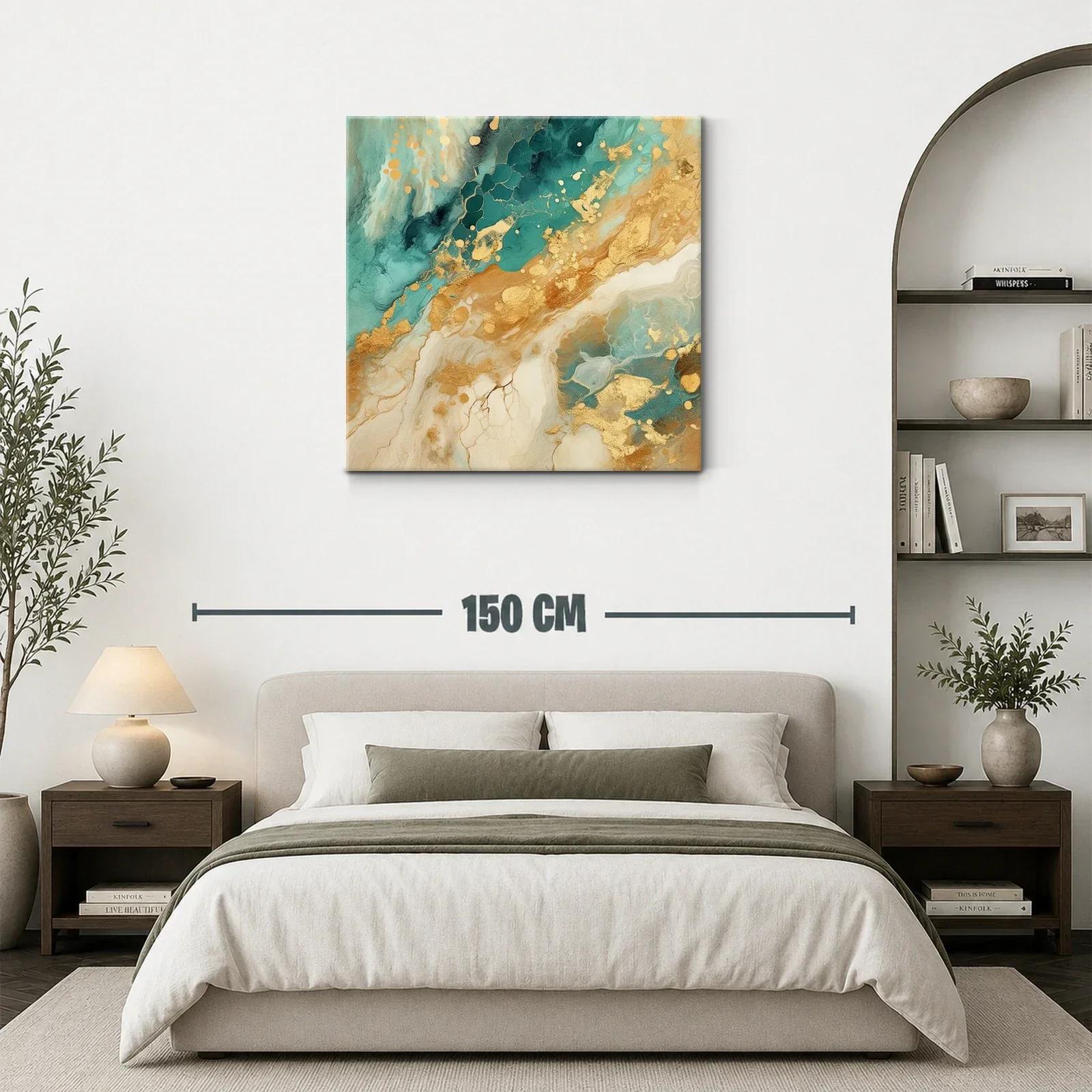 Cuadro abstracto con detalles dorados y tonos turquesa — miniatura 3