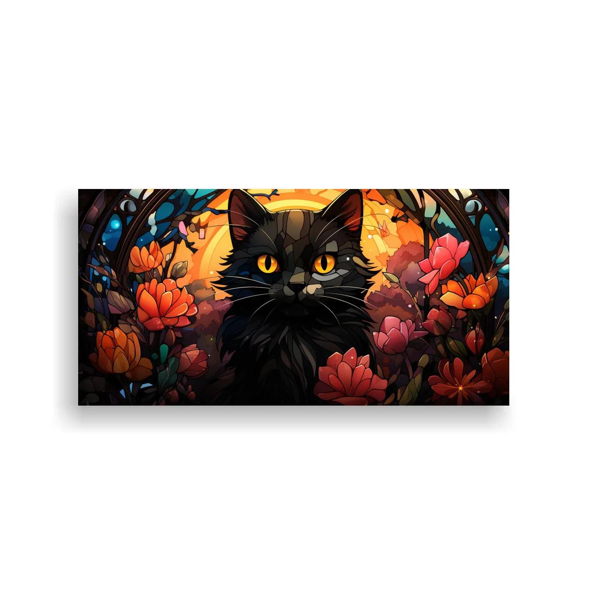 Cuadro gato negro de ojos ámbar rodeado de flores y ramas tipo vitral — imagen principal
