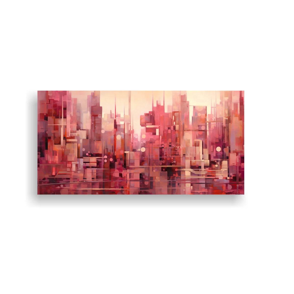 Cuadro skyline urbano abstracto en tonos granate y rosa — imagen principal