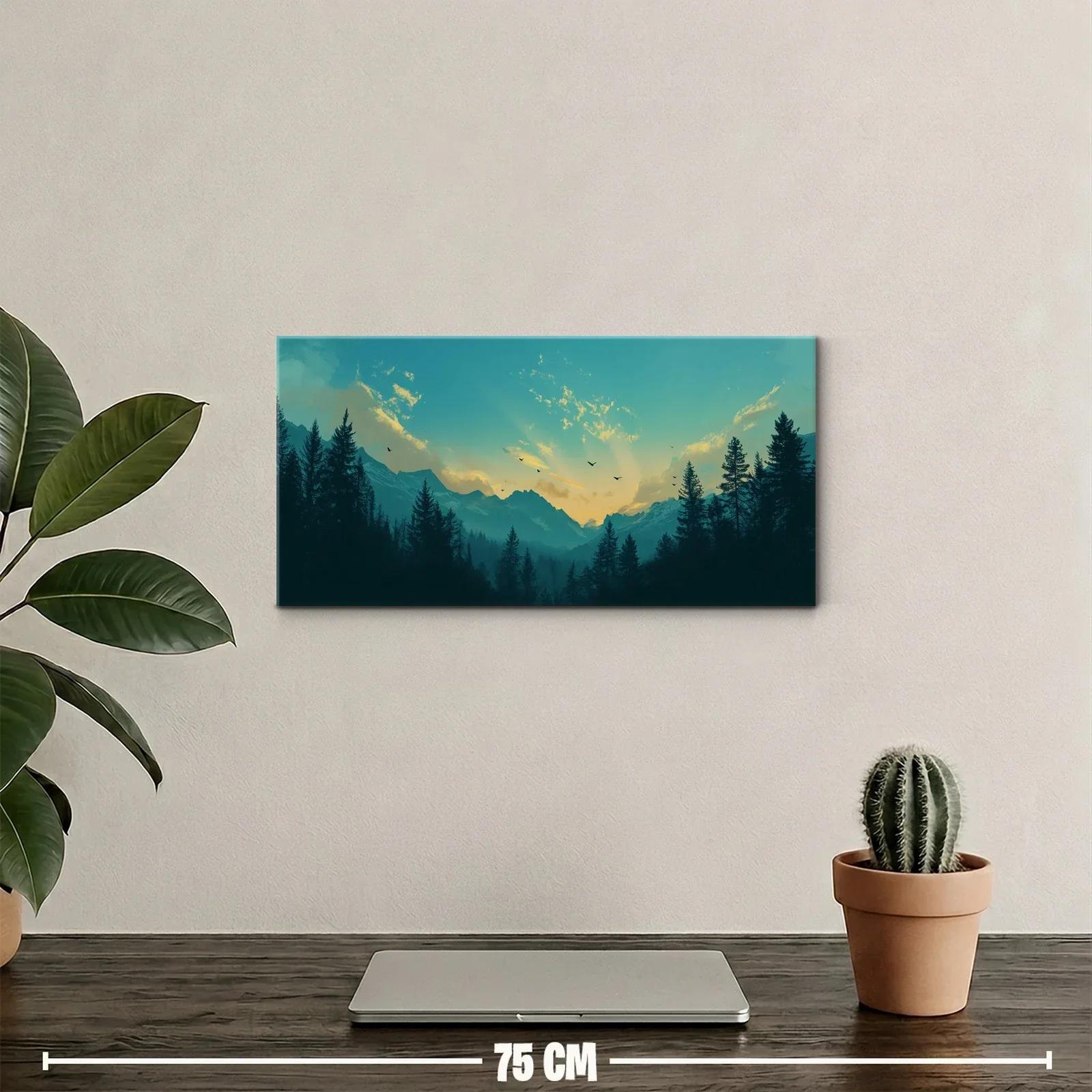 Cuadro paisaje de montañas al amanecer con bosque oscuro — miniatura 2