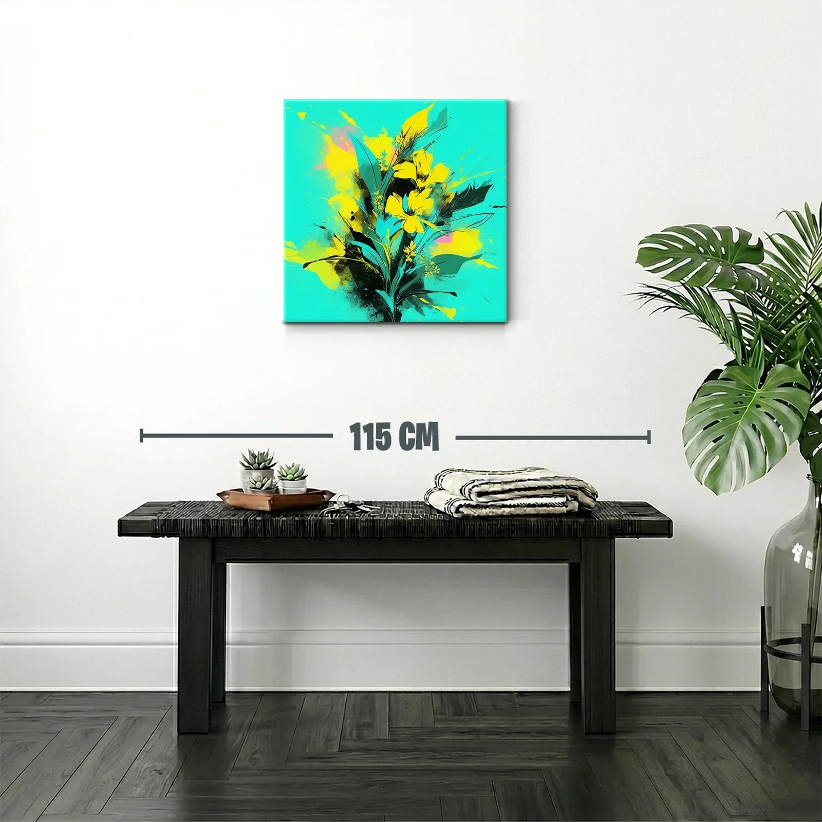 Cuadro moderno con flores amarillas vibrantes y fondo turquesa — miniatura 2