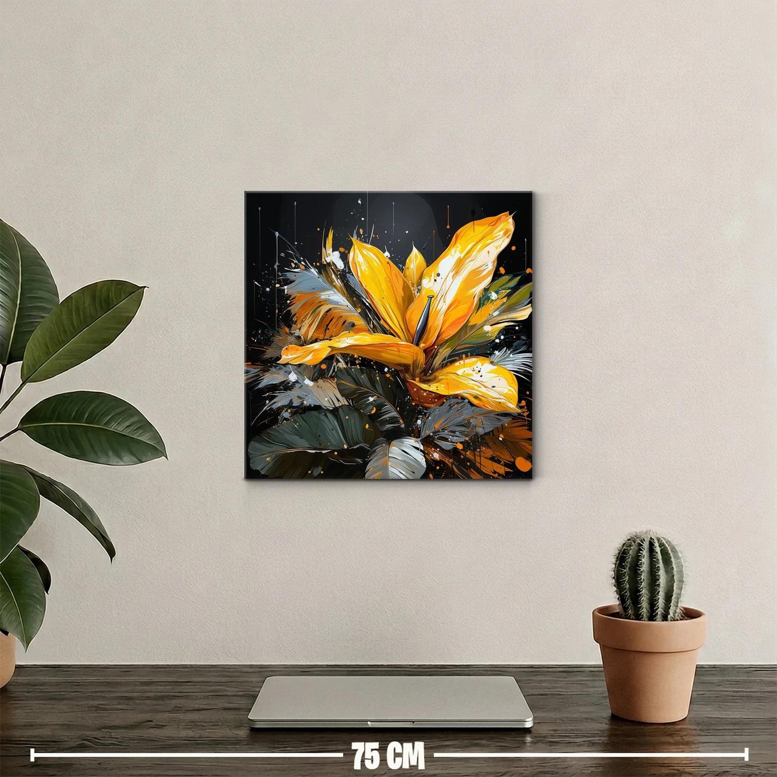 Cuadro vibrante con flor amarilla y hojas en tonos oscuros — miniatura 2