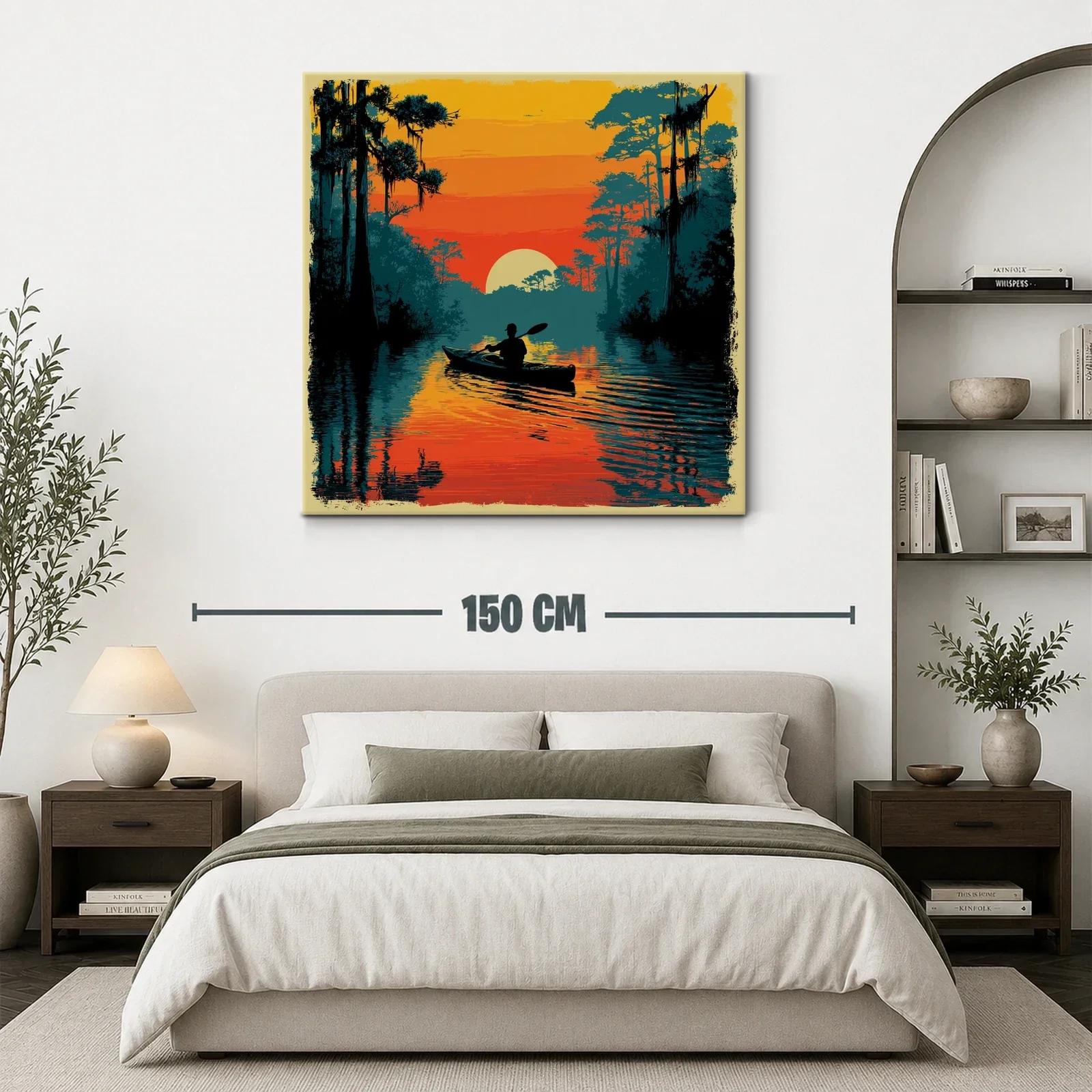 Atardecer sereno con kayak entre árboles y agua reflejada — miniatura 3