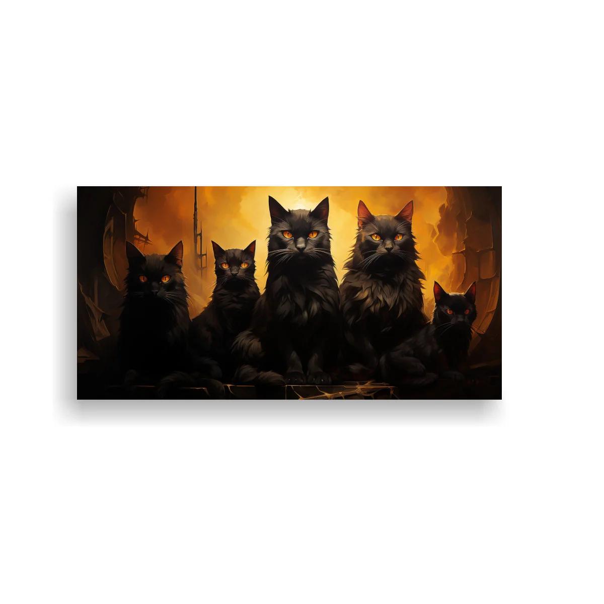 Cuadro grupo de gatos negros de pelo largo con contraluz cálido — imagen principal