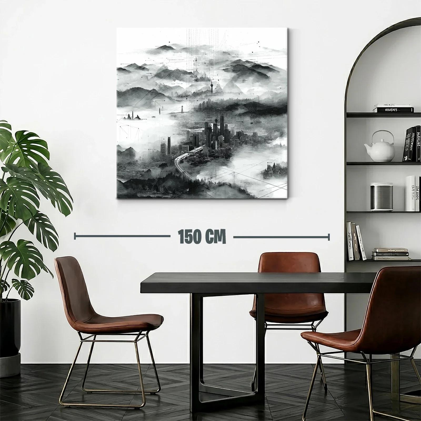 Paisaje urbano en niebla con detalles abstractos en tonos grises — miniatura 2