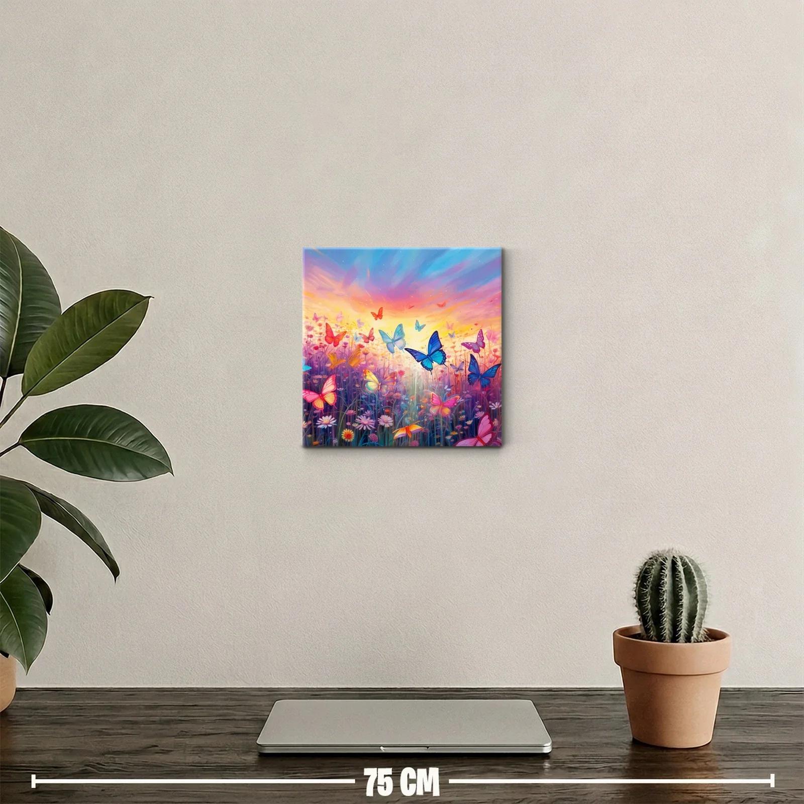 Mariposas en vuelo sobre campo de flores al amanecer — miniatura 2