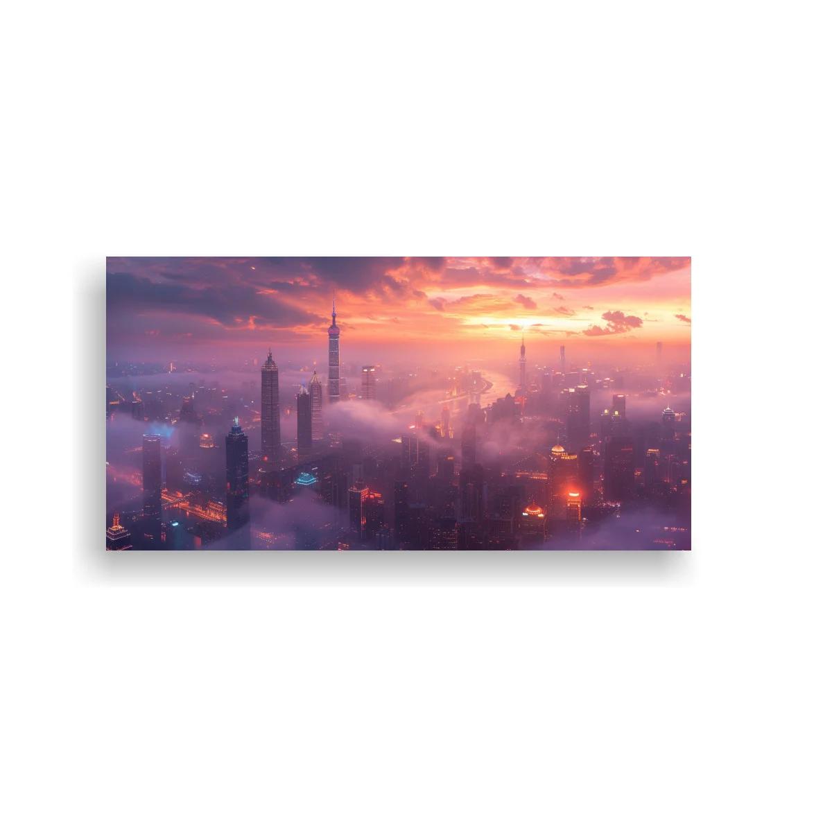 Cuadro skyline urbano entre niebla con cielo luminoso — imagen principal