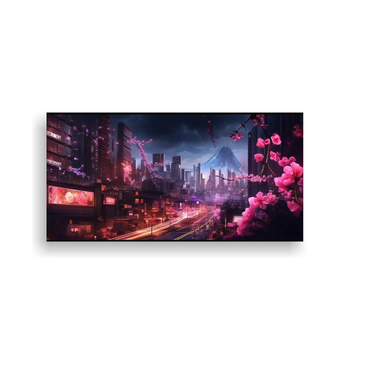 Cuadro ciudad futurista con flores de cerezo y luna — imagen principal