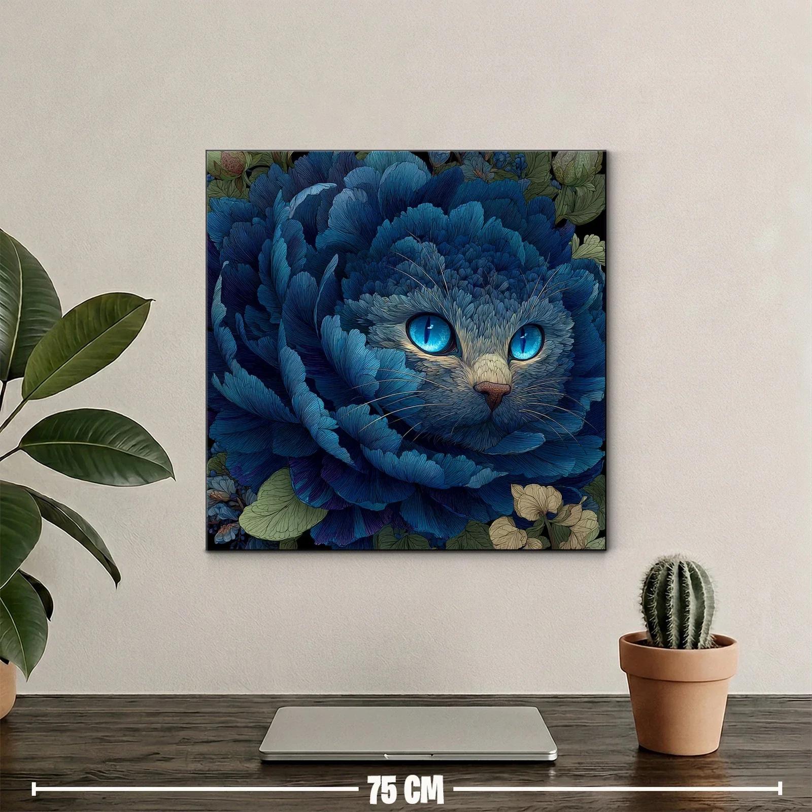 Gato entre pétalos azules con mirada hipnótica y detalle floral — miniatura 2