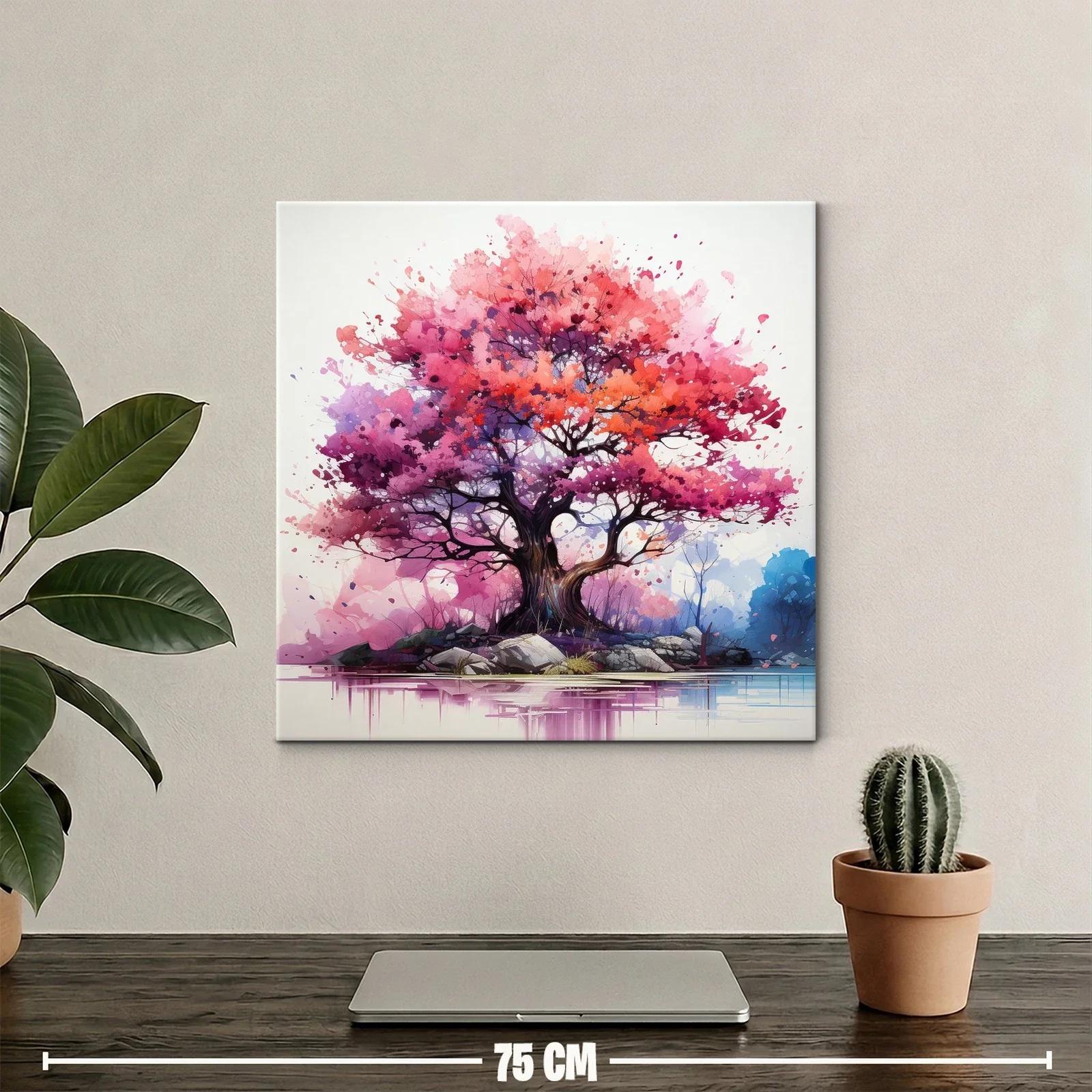 Árbol vibrante con tonos rosas y púrpuras sobre lago tranquilo — miniatura 2