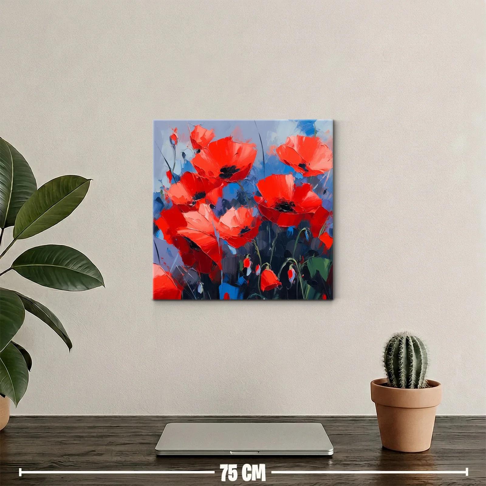 Cuadro vibrante con amapolas rojas sobre fondo azul — miniatura 2
