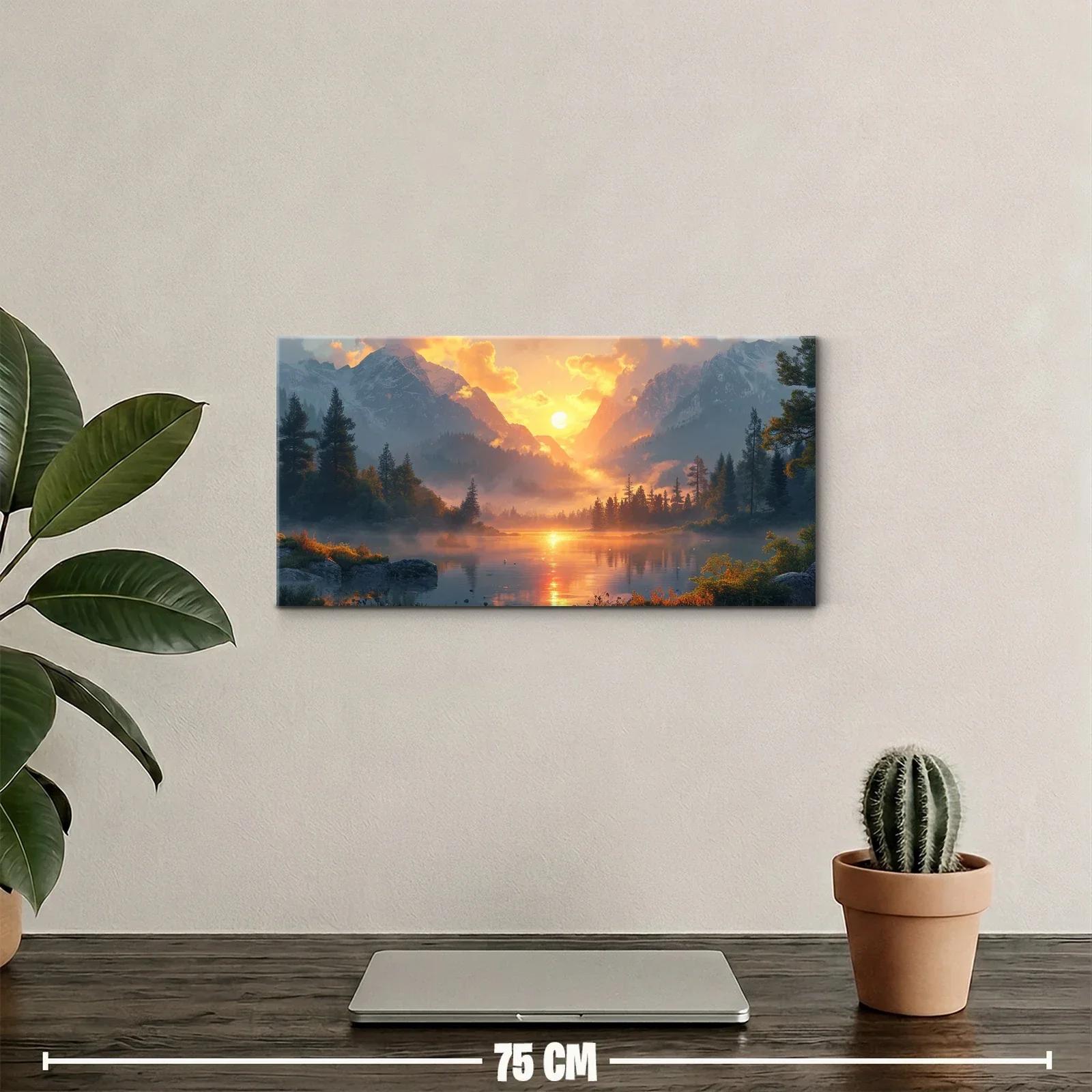 Cuadro lago de montaña al atardecer enmarcado por árboles y vegetación — miniatura 2