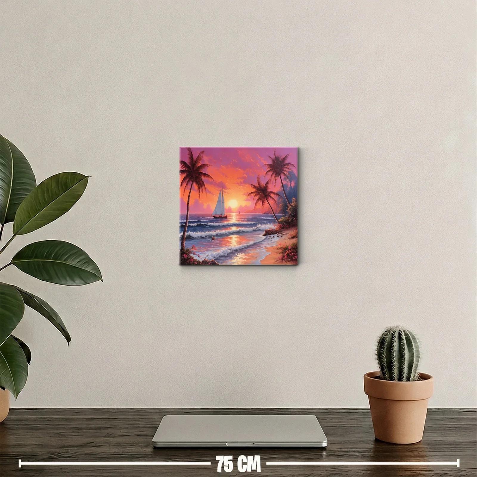 Atardecer tropical con velero y palmeras en la playa — miniatura 2