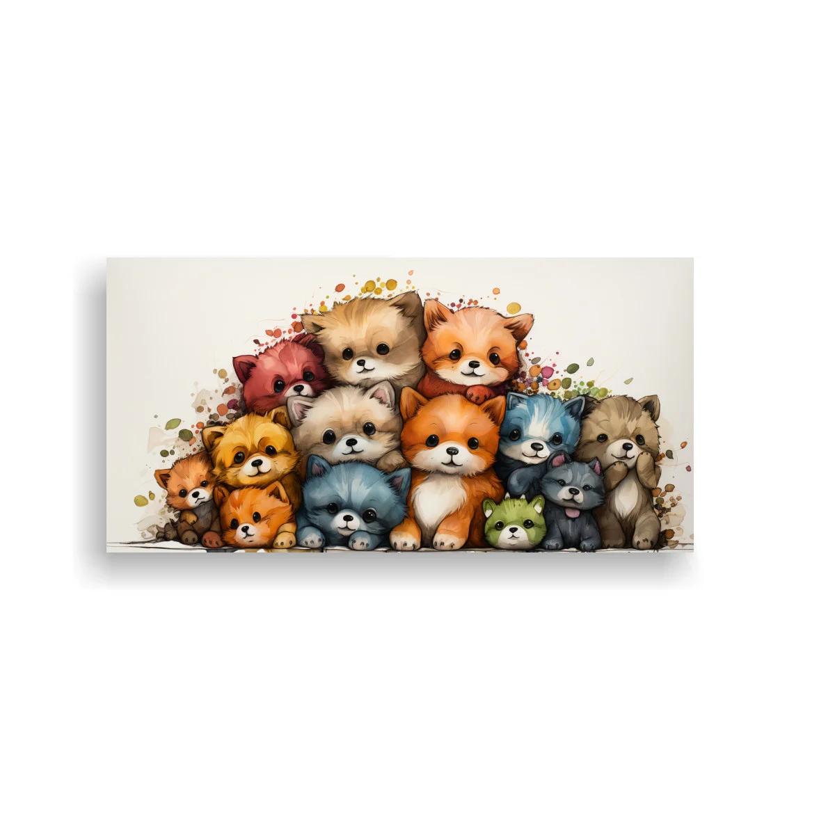 Cuadro grupo de cachorros y gatitos kawaii con gatito azul grisáceo — imagen principal