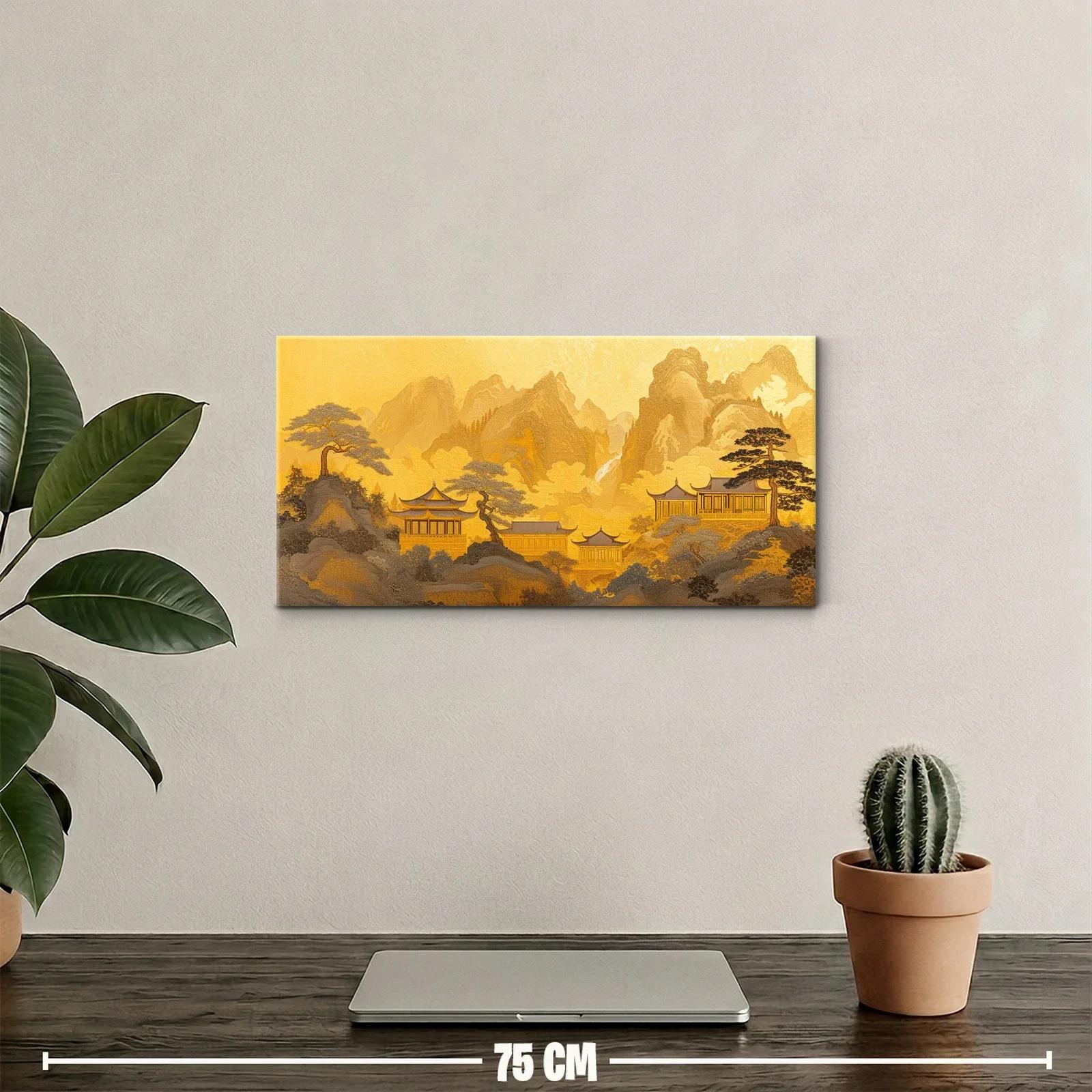Cuadro paisaje de montañas chinas con pagodas y bruma — miniatura 2