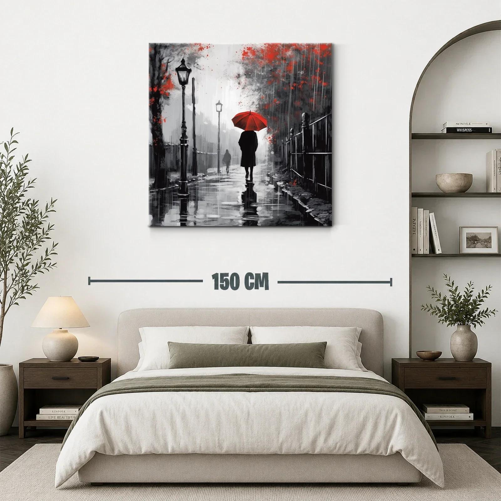 Camino bajo la lluvia con paraguas rojo brillante — miniatura 3