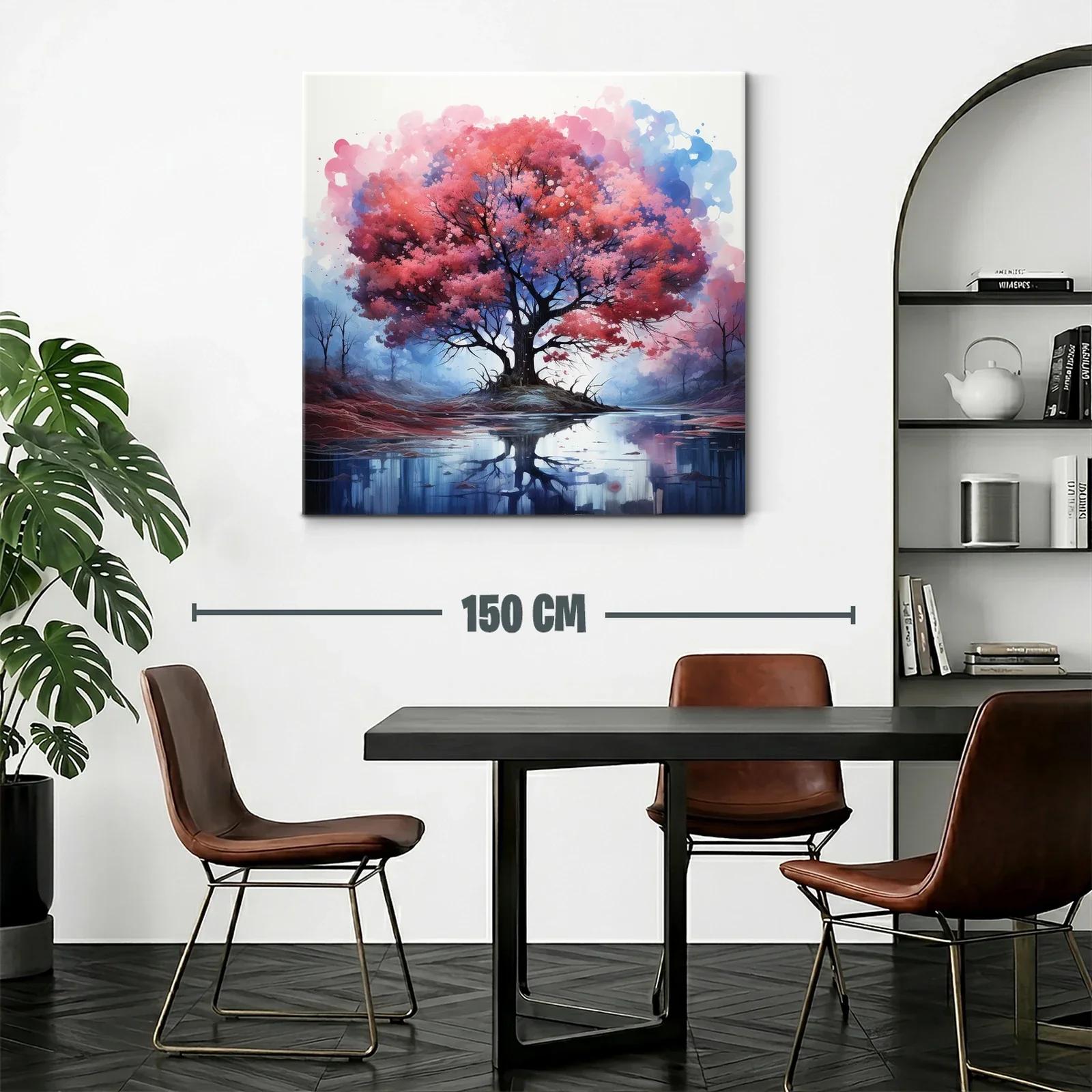 Árbol rojo reflejado en lago sereno con tonos azules — miniatura 2