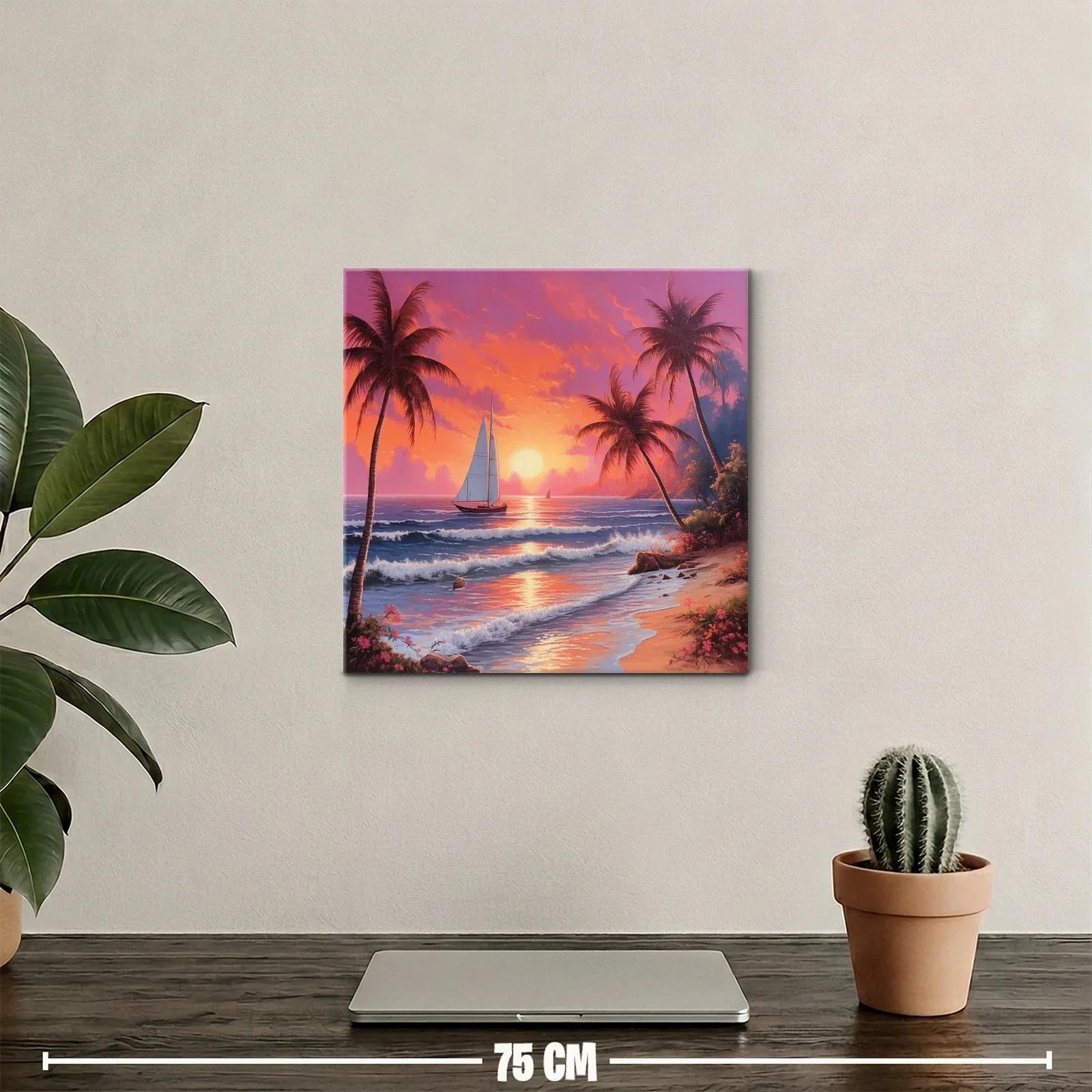 Atardecer tropical con velero y palmeras en la playa — miniatura 2