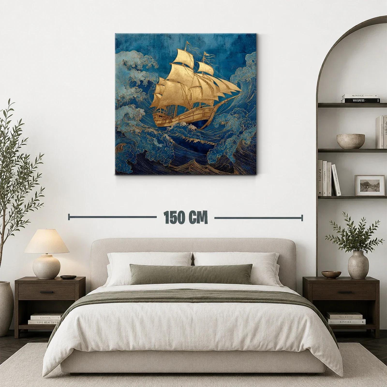 Barco dorado navegando entre olas en tonos azules — miniatura 3