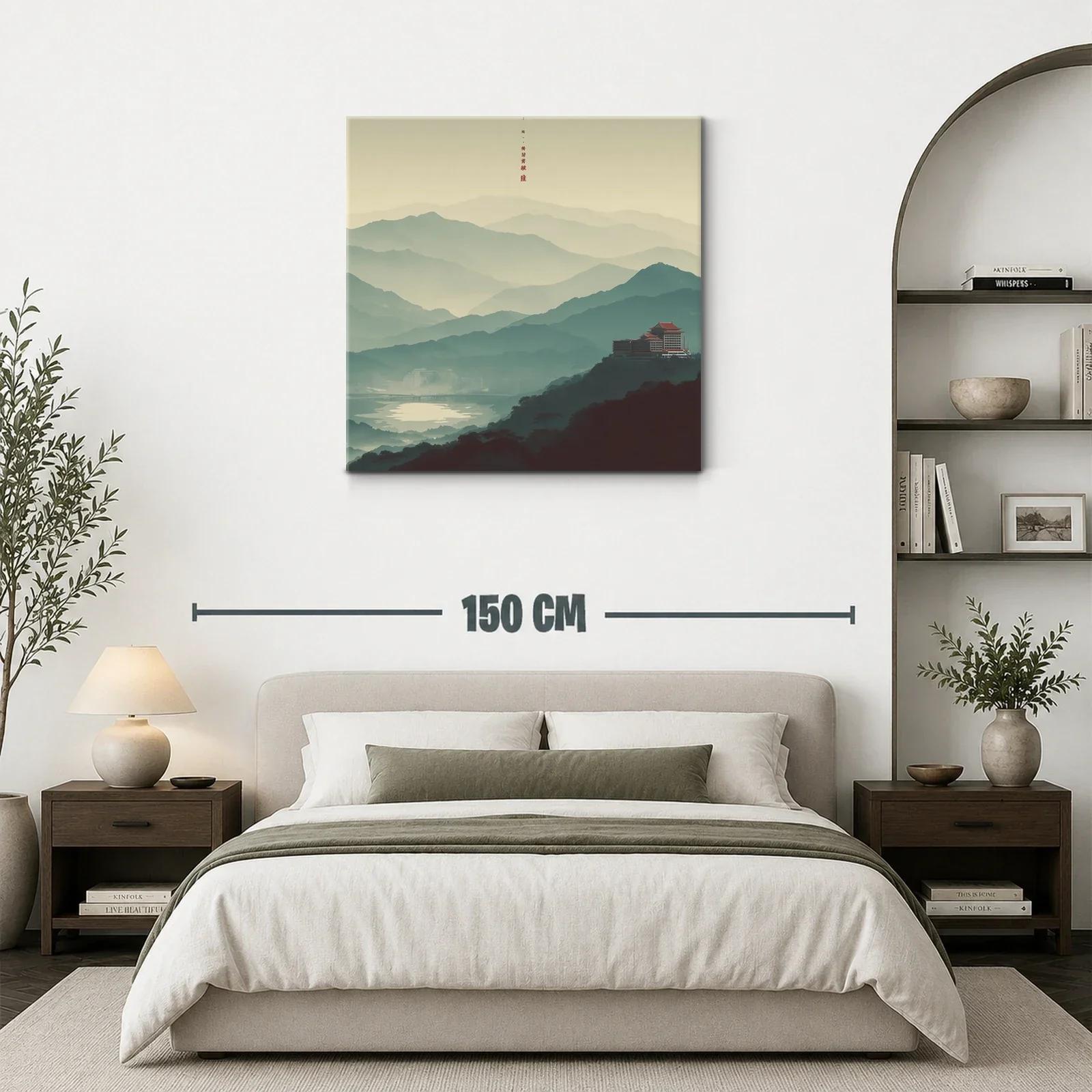 Paisaje con montañas y templo tradicional en calma matutina — miniatura 3