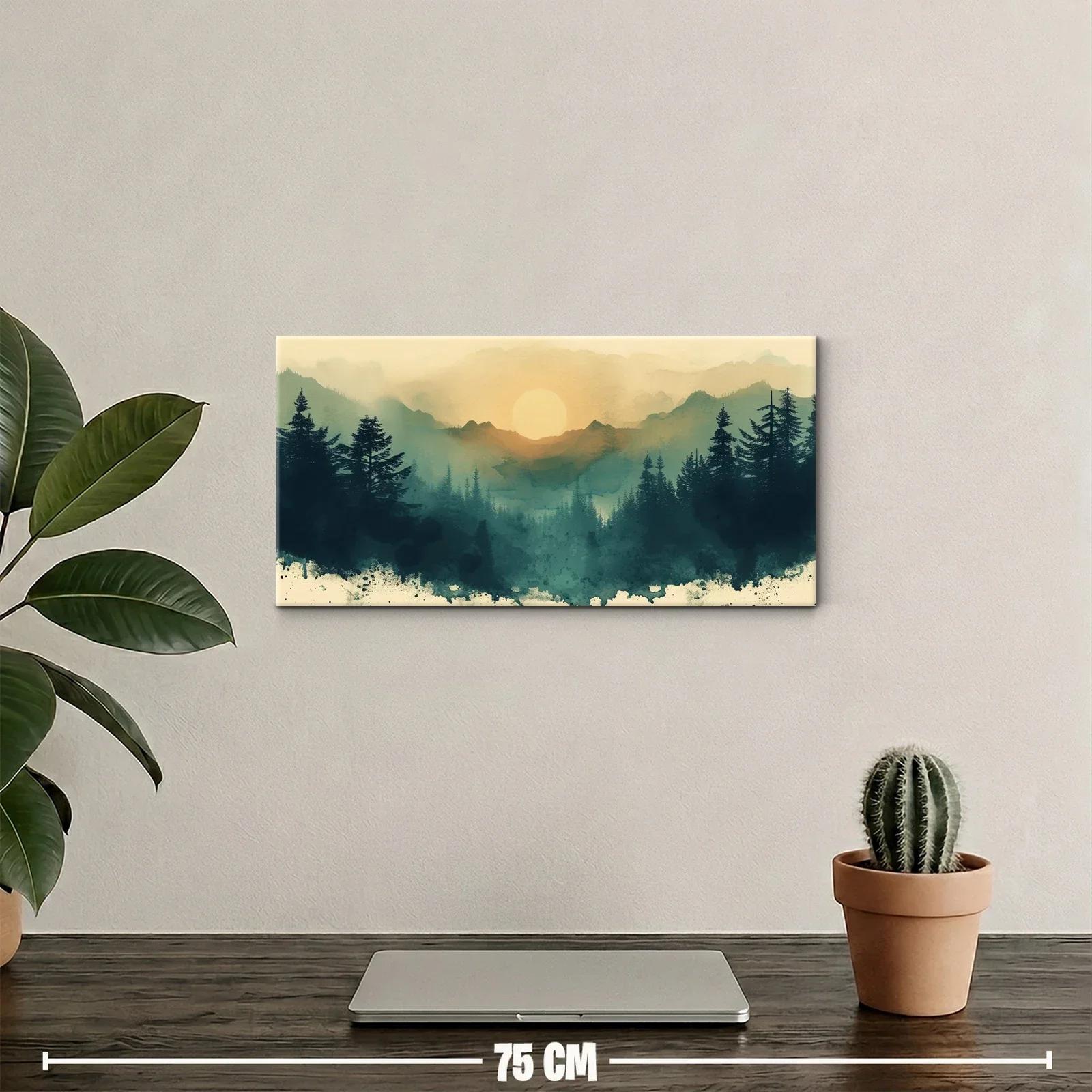 Cuadro bosque de pinos con montañas y sol entre la bruma — miniatura 2