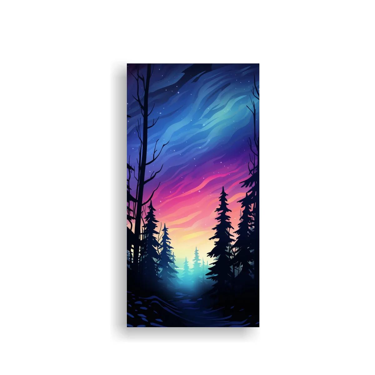Cuadro bosque de pinos al atardecer con cielo estrellado — imagen principal