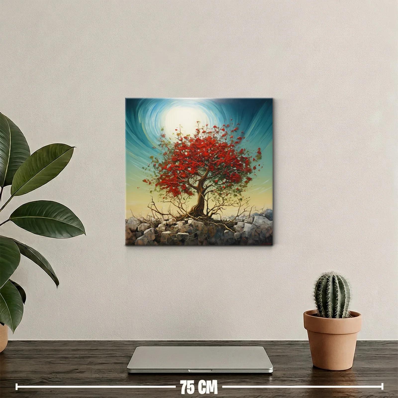 Árbol rojo vibrante sobre rocas con cielo luminoso — miniatura 2