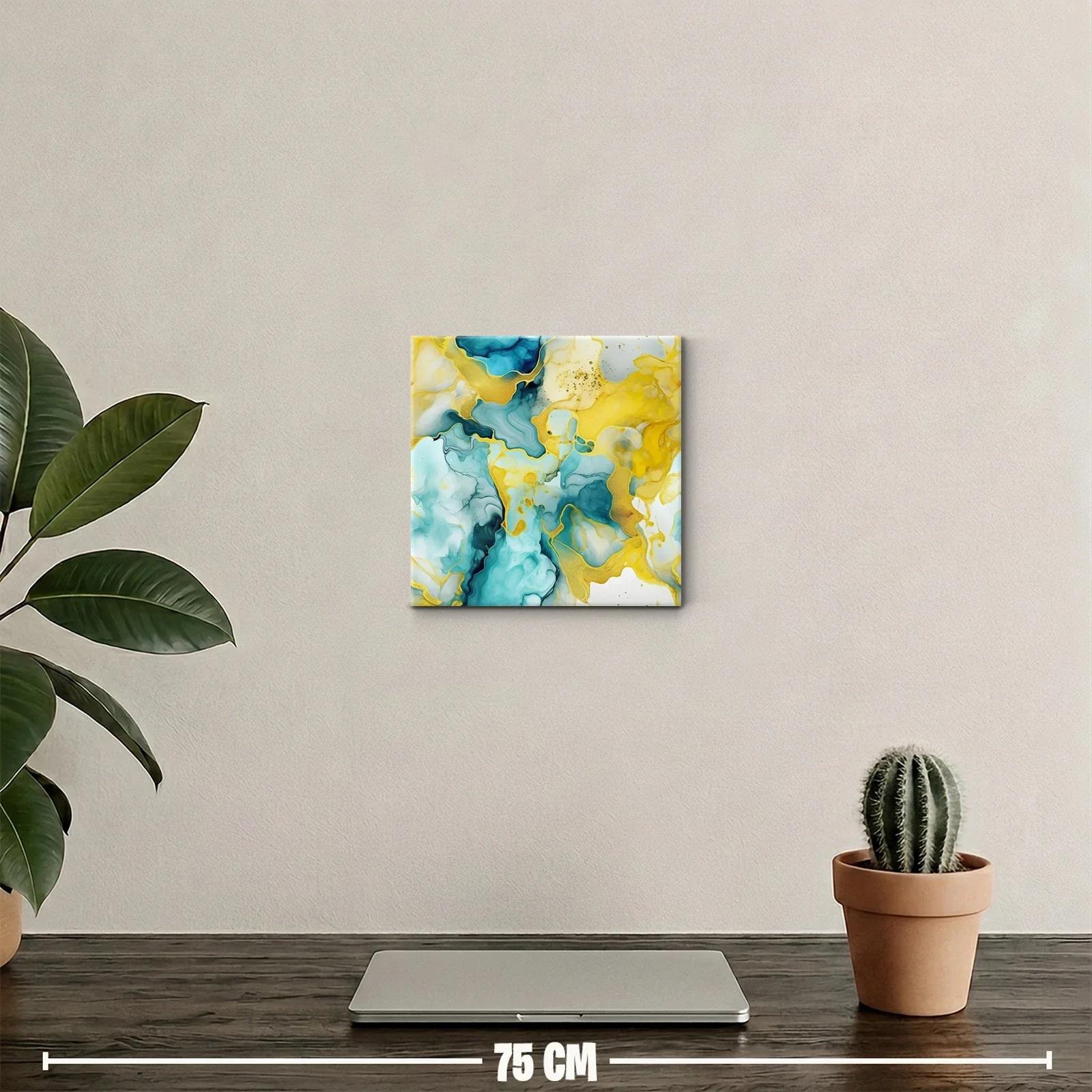 Cuadro abstracto con tonos turquesa y dorados vibrantes — miniatura 2