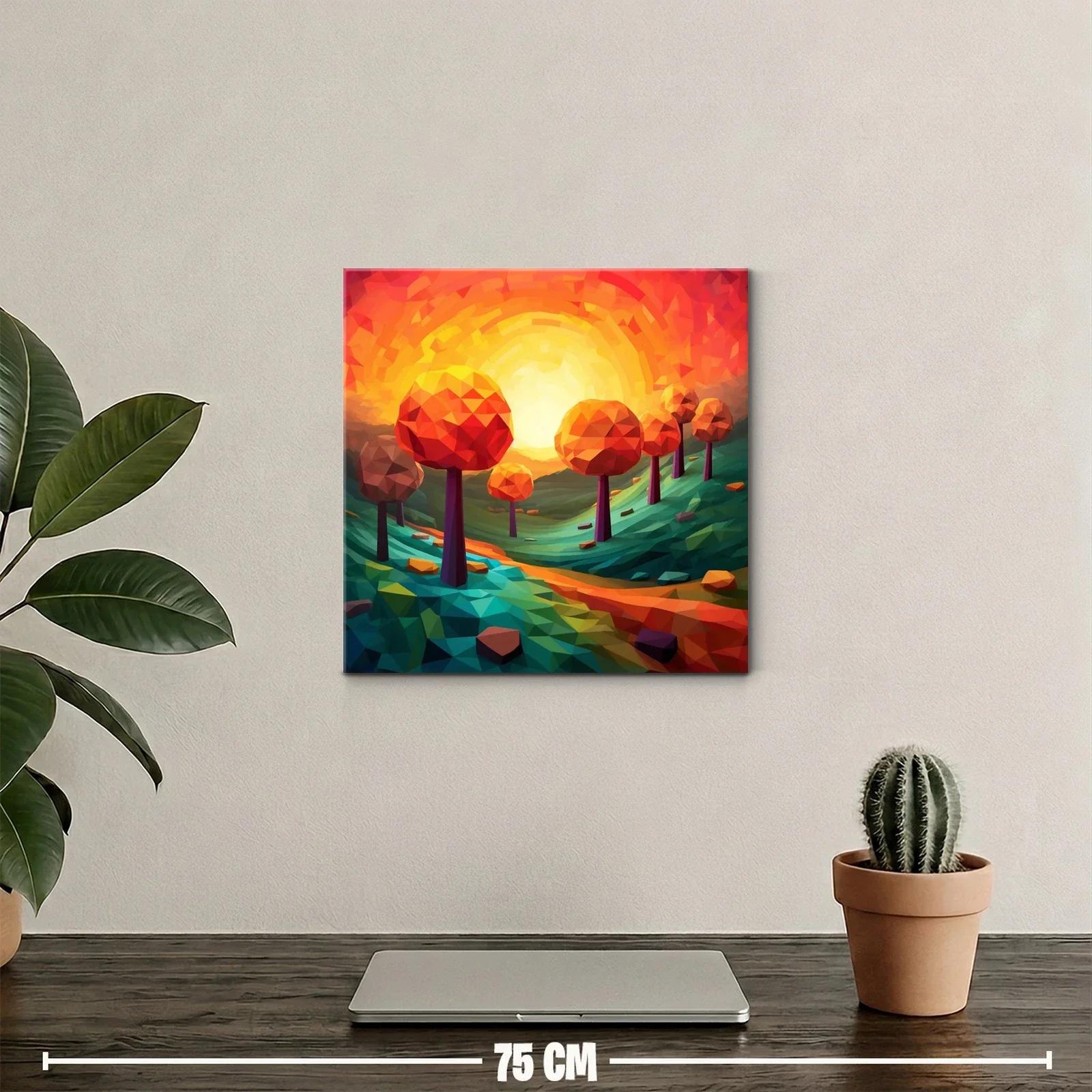 Paisaje geométrico con árboles naranjas al atardecer — miniatura 2