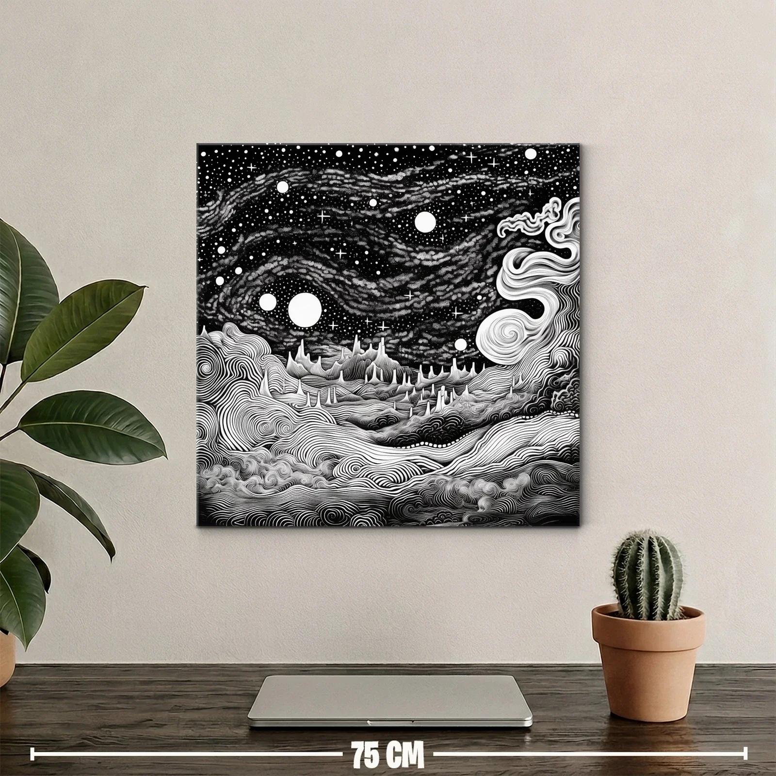 Paisaje cósmico en blanco y negro con formas onduladas — miniatura 2