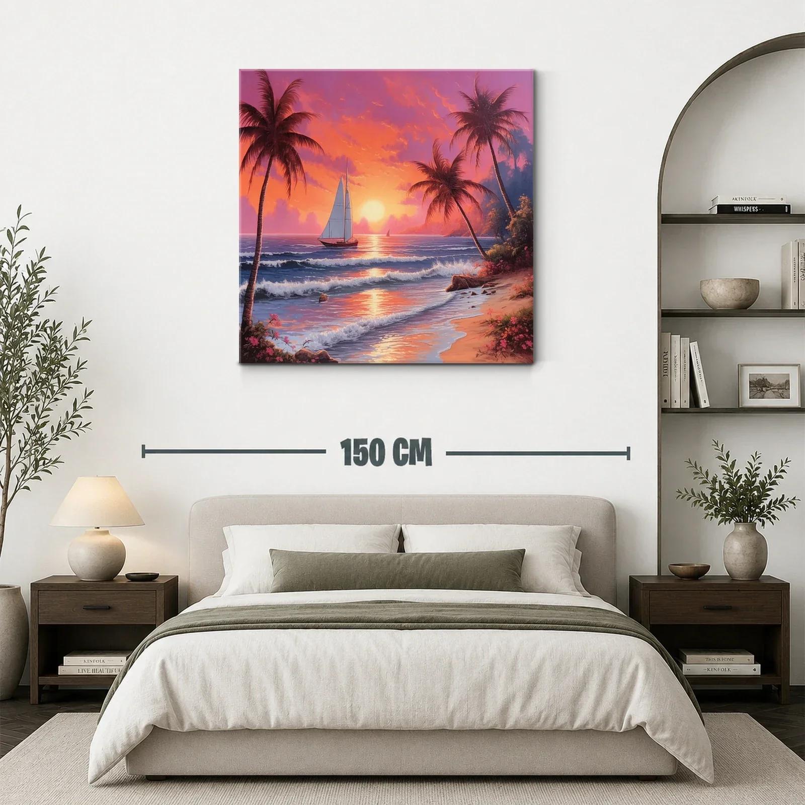 Atardecer tropical con velero y palmeras en la playa — miniatura 3