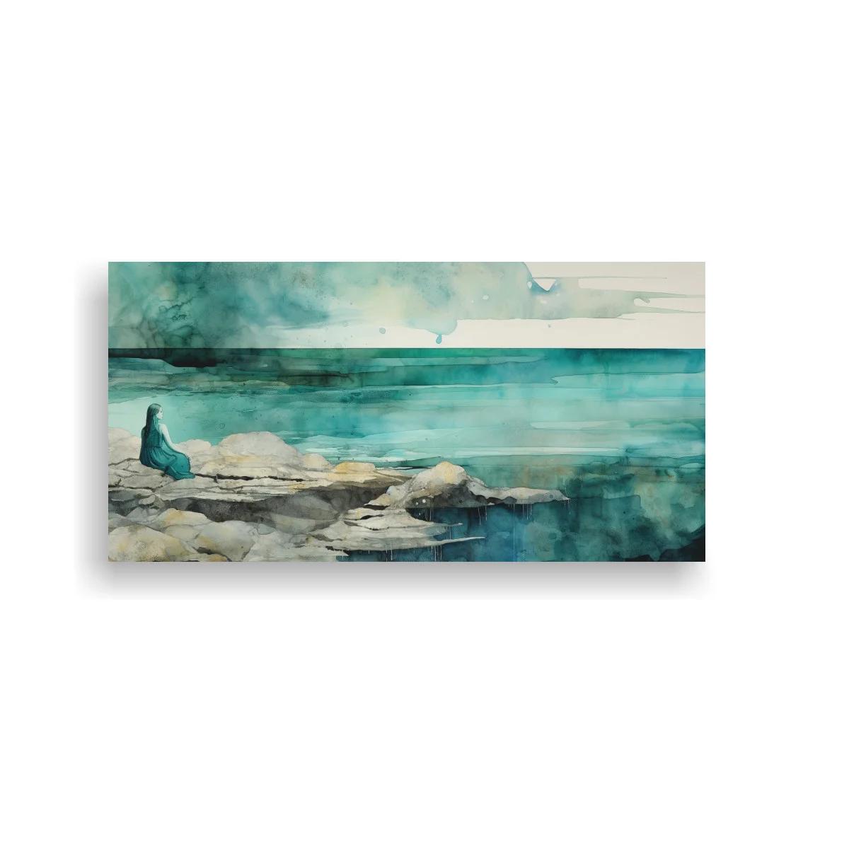 Cuadro figura solitaria junto al mar con rocas claras — imagen principal