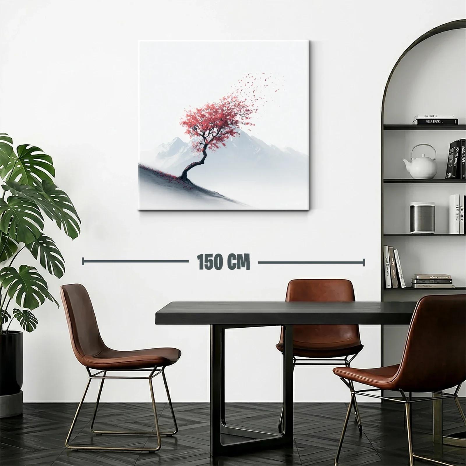 Árbol solitario con hojas rojas contra montañas — miniatura 2