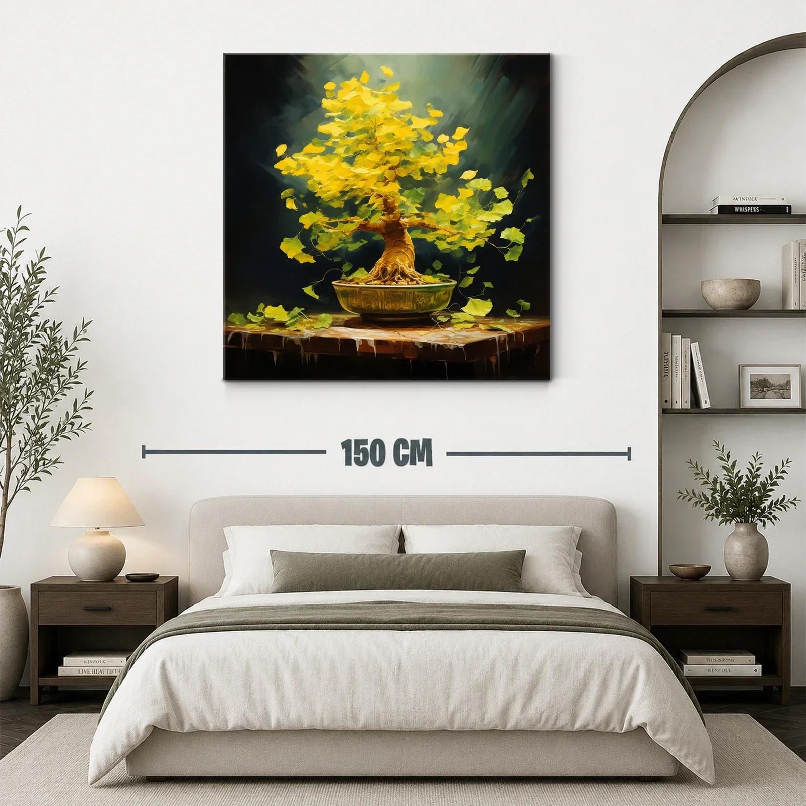 Árbol bonsái con hojas doradas vibrantes sobre mesa rústica — miniatura 3