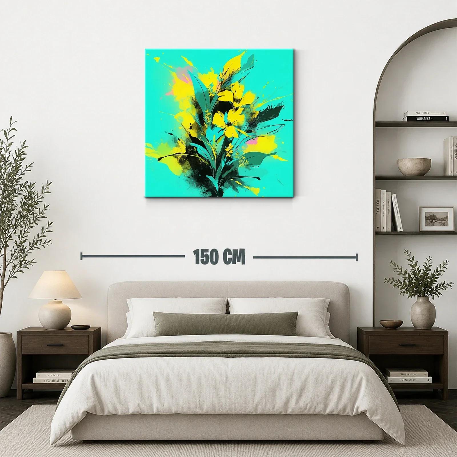 Cuadro moderno con flores amarillas vibrantes y fondo turquesa — miniatura 3