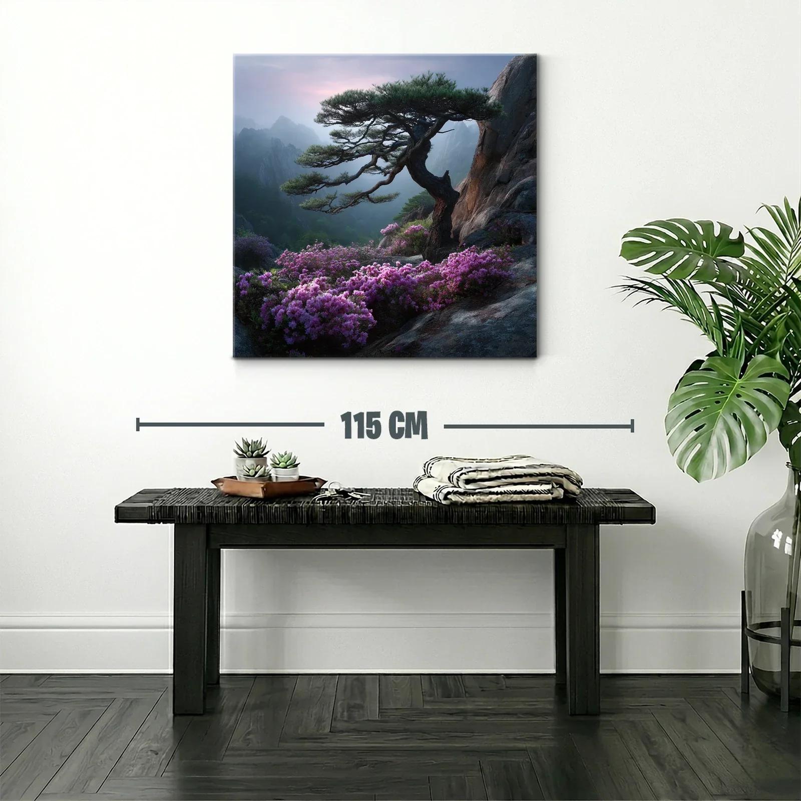 Paisaje sereno con árbol y flores sobre rocas en montaña — miniatura 2