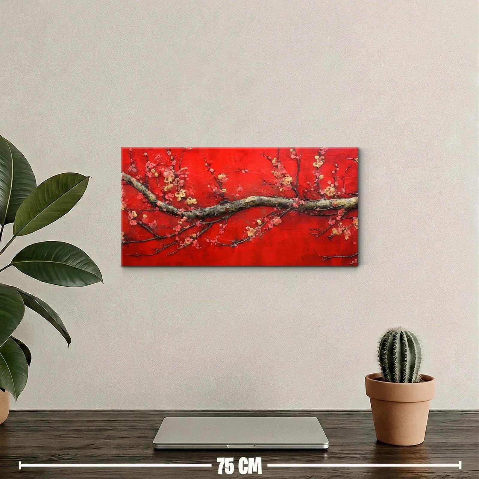 Cuadro rama de cerezo en flor con fondo rojo texturizado — miniatura 2