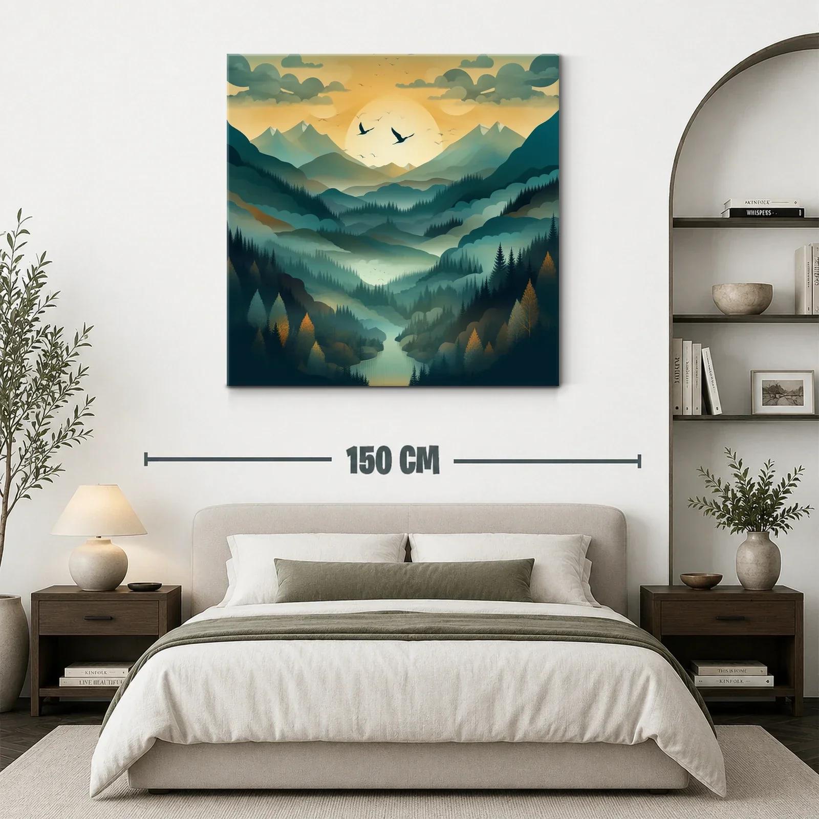 Paisaje de montañas con amanecer y vuelo de aves — miniatura 3