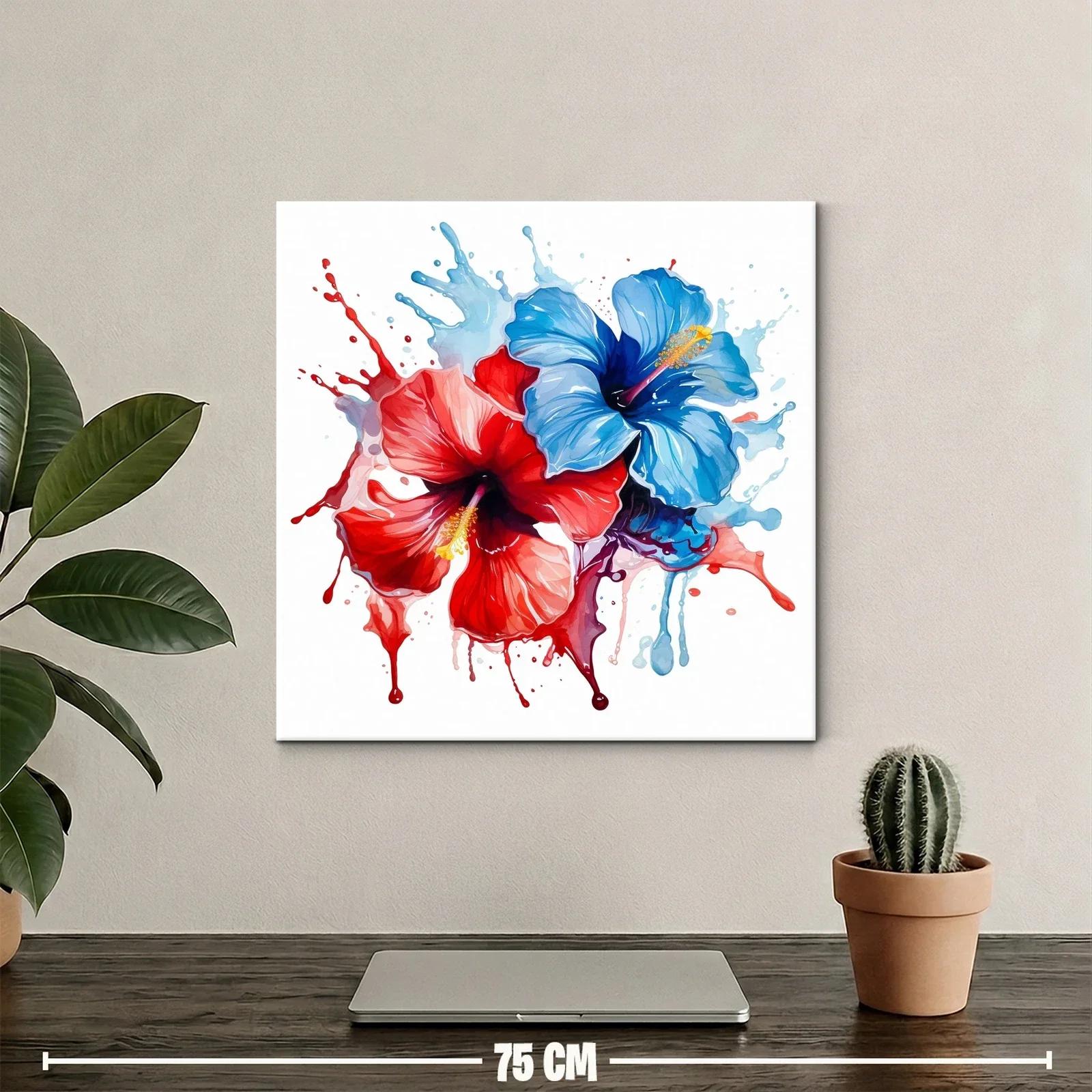 Cuadro moderno de flores hibisco en tonos rojo y azul — miniatura 2