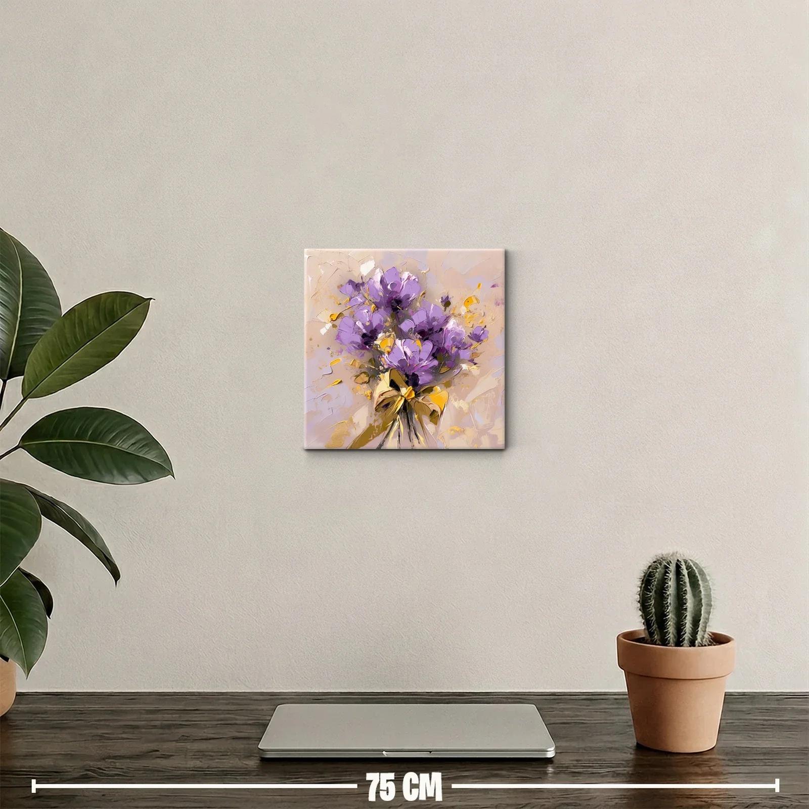 Cuadro decorativo bouquet floral en tonos lavanda y dorado — miniatura 2