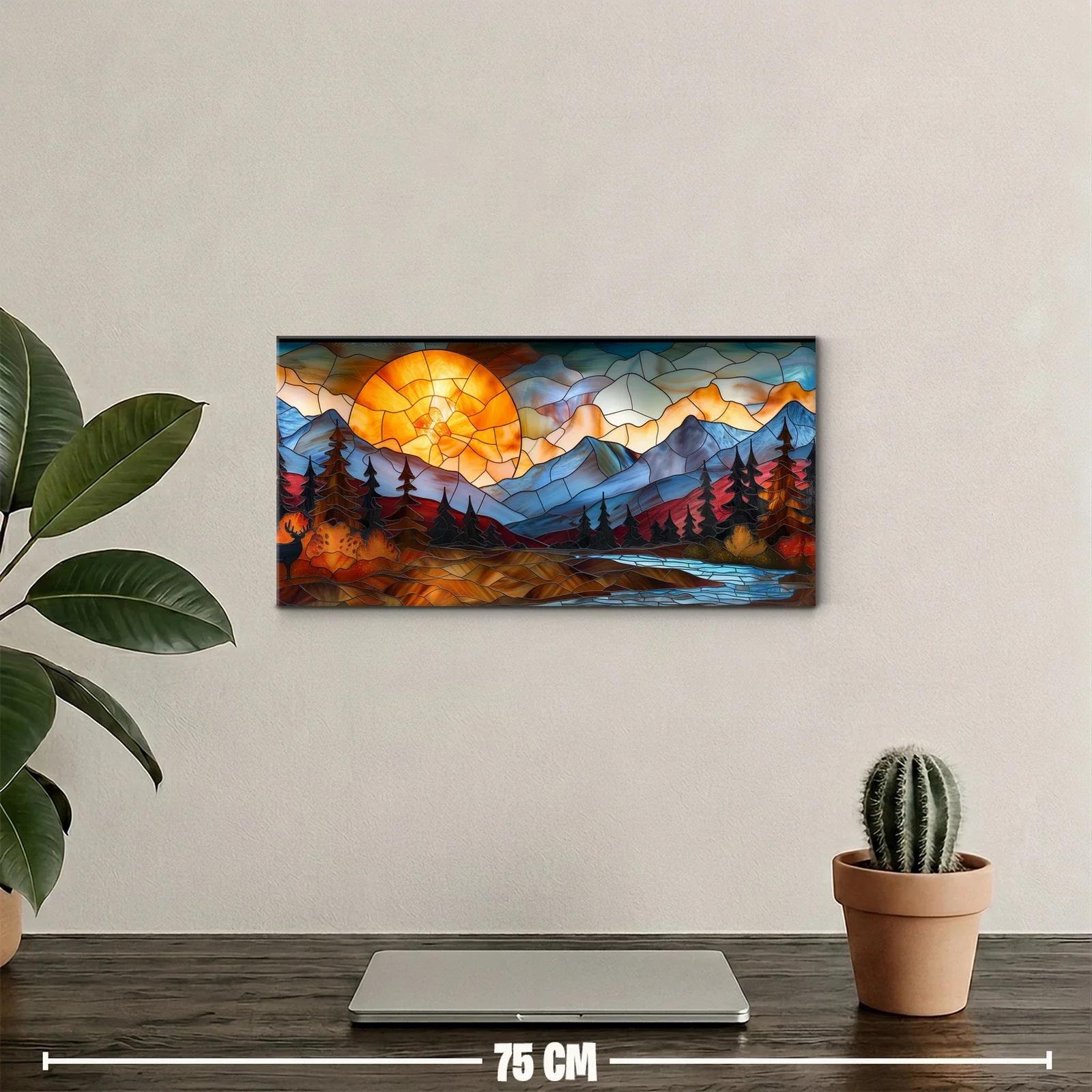 Cuadro paisaje de montaña con sol poniente y ciervo — miniatura 2