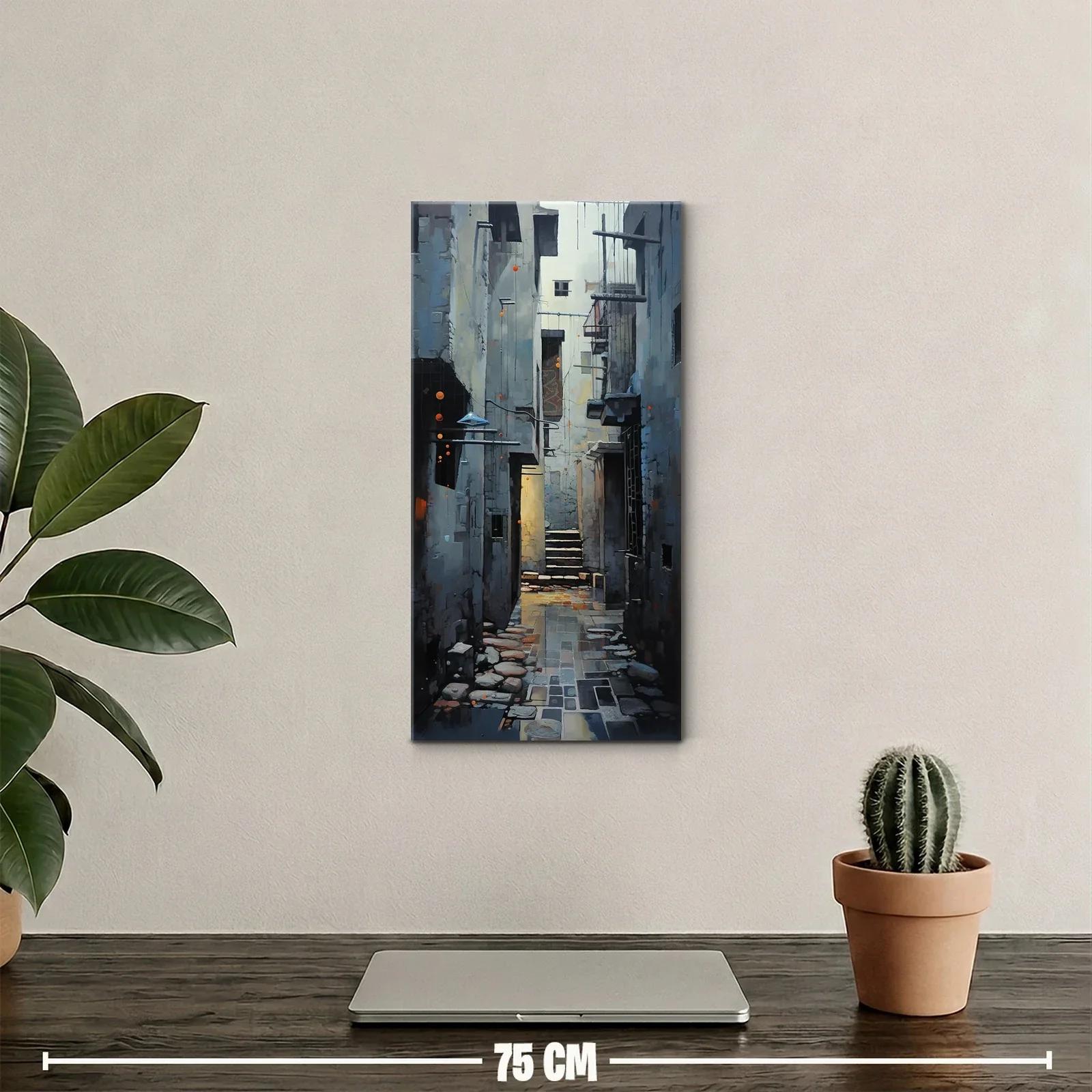 Cuadro callejón urbano estrecho con adoquines y luces cálidas — miniatura 2